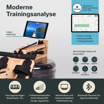 Skandika Rudergerät Holzrudergerät Styrke, Set mit Matte, Rudergerät Wasser aus Holz, Kinomap App-Funktion