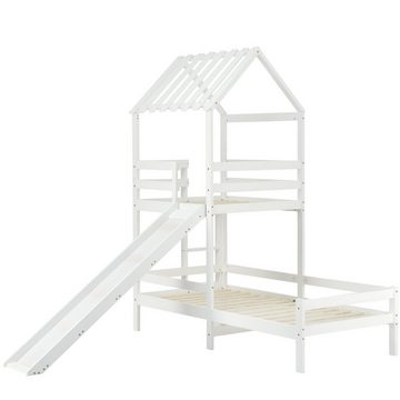 SOFTWEARY Kinderbett Hausbett mit Lattenrost, Spielturm, Rutsche und Leiter (90x200 cm), Holzbett, Einzelbett