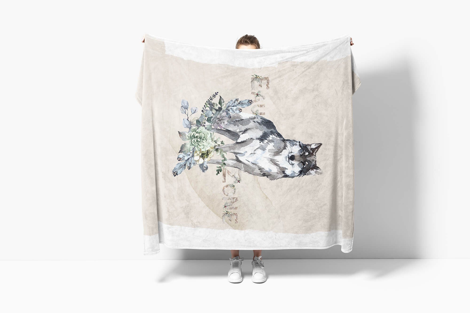 Handtücher Handtuch Strandhandtuch Saunatuch Kuscheldecke Wolf Blumen Wald, Baumwolle-Polyester-Mix (1-St), Handtuch