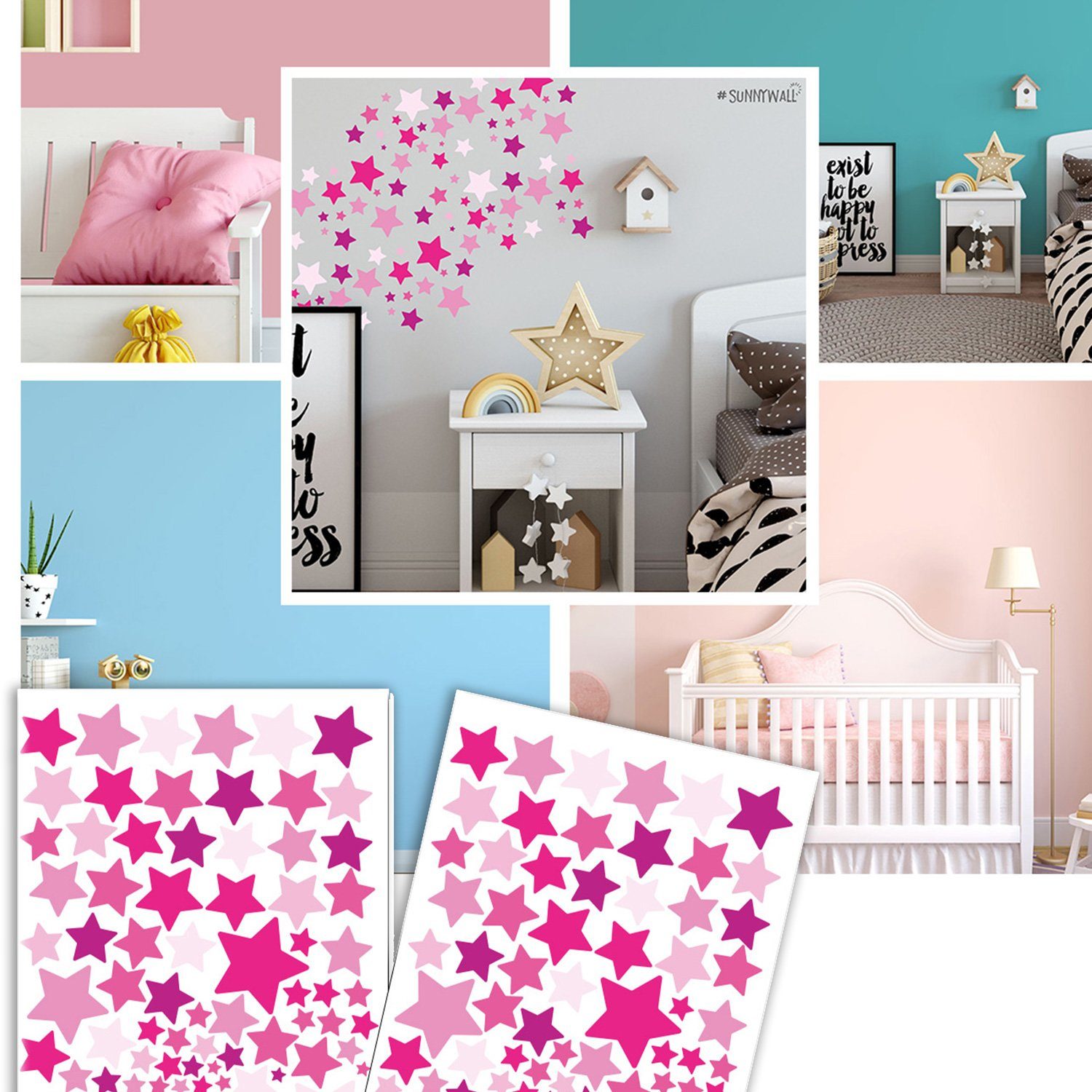 Sunnywall Wandtattoo Sterne Aufkleber Stars Wandsticker bunt, Sternenhimmel Wandtattoo, konturgeschnitten