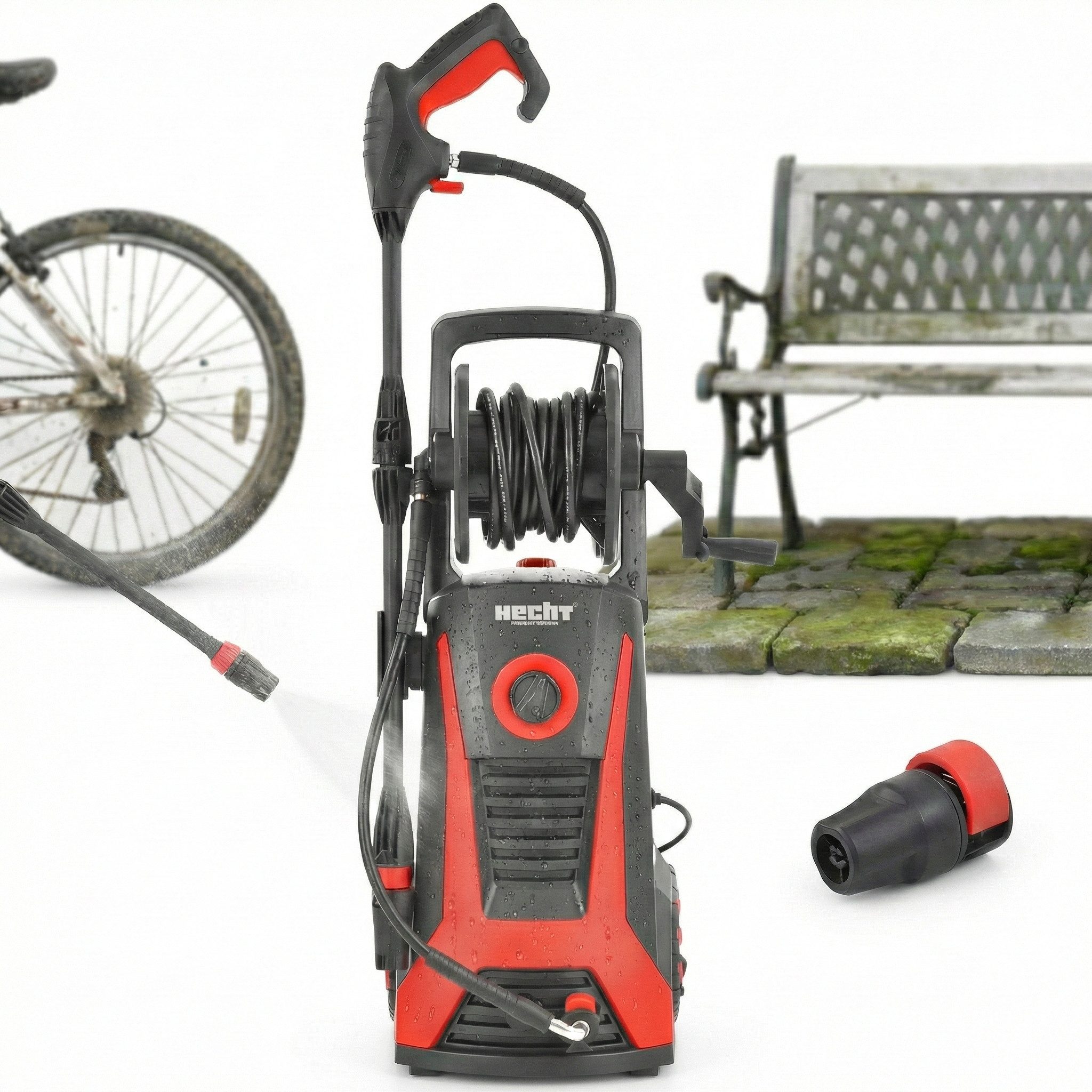 Hecht Hochdruckreiniger 2200W, 5m Kabel & Schlauch inkl. Trommel, Druck max: 165 bar, Fördermenge max: 480 l/h, Reinigungsmitteltank, Punkt- & Flachstrahl, Rollen