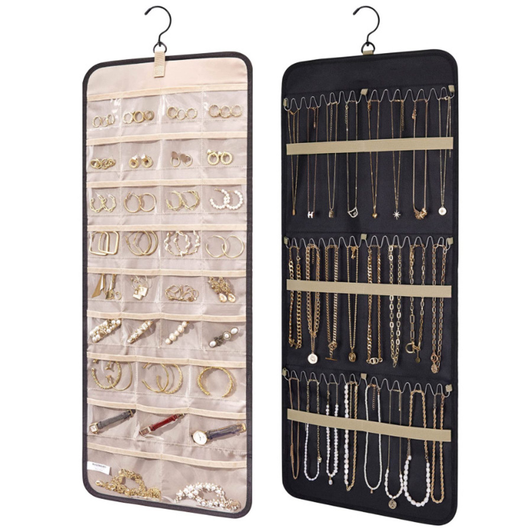 Mutig Schmuckständer Schmuck Organizer zum Aufhängen, Doppelseitige Schmuckaufbewahrung (Fächer und Taschen, Metallhaken, Schmuckhalter für Ohrringe, Halsketten, Ringe, Armbänder), Aufbewahrung an Schrank, Tür, Wand