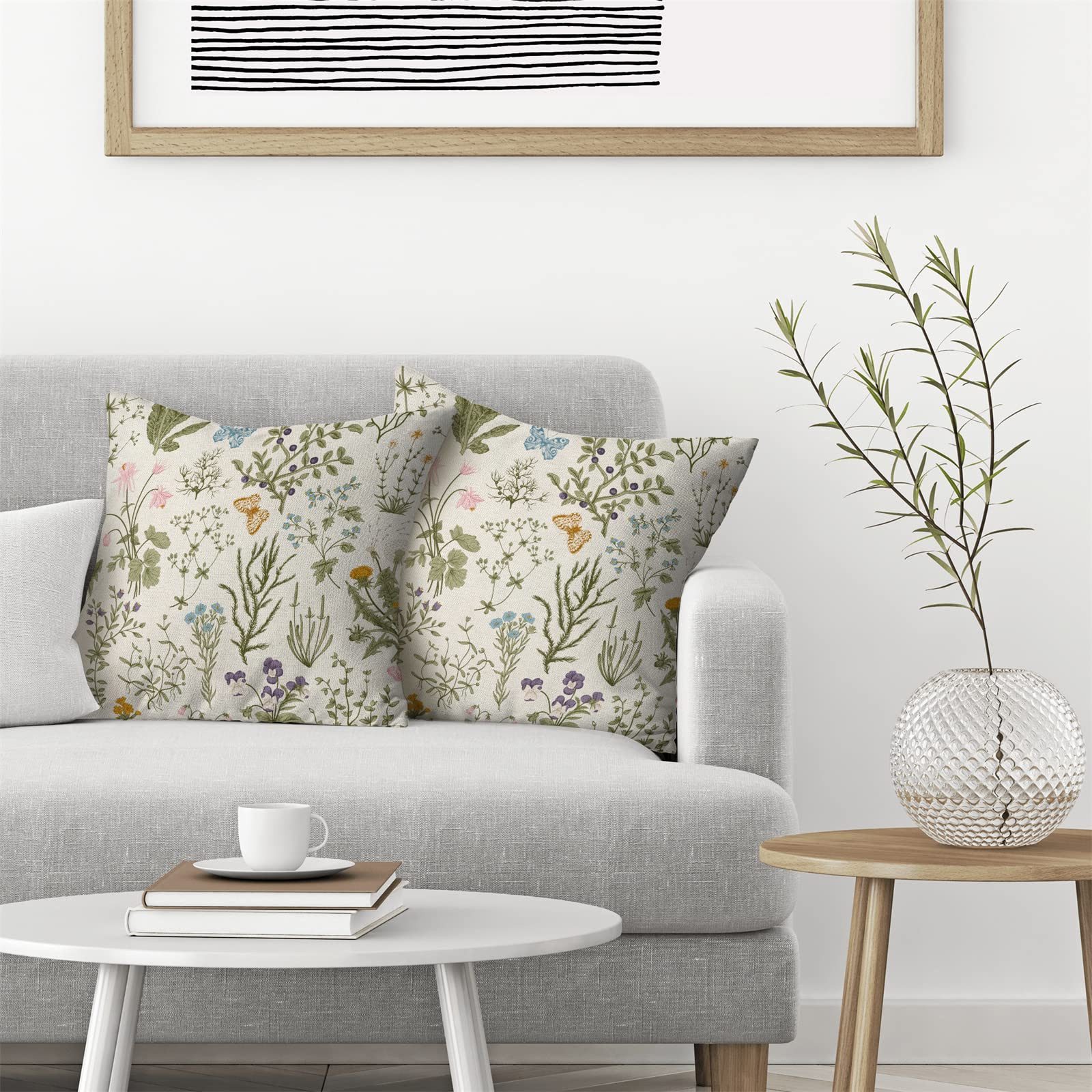 Diwzbyn Kissenbezug Dekorative Kissenhüllen 45 x 45 cm, Salbeigrün mit rosa Wildblumen, (2 Stück), dekorative Kissen für Sofa, Couch, Stuhl oder Bett, Leinen Sofakissen