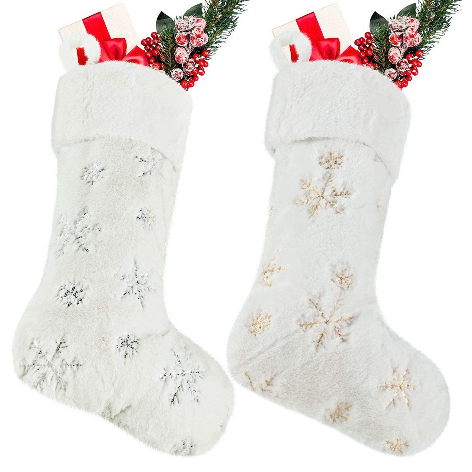 Geschenksocken Rutaqian Silber Socken Stickerei Schneeflocken Plüsch 1pc Weihnachtssocken