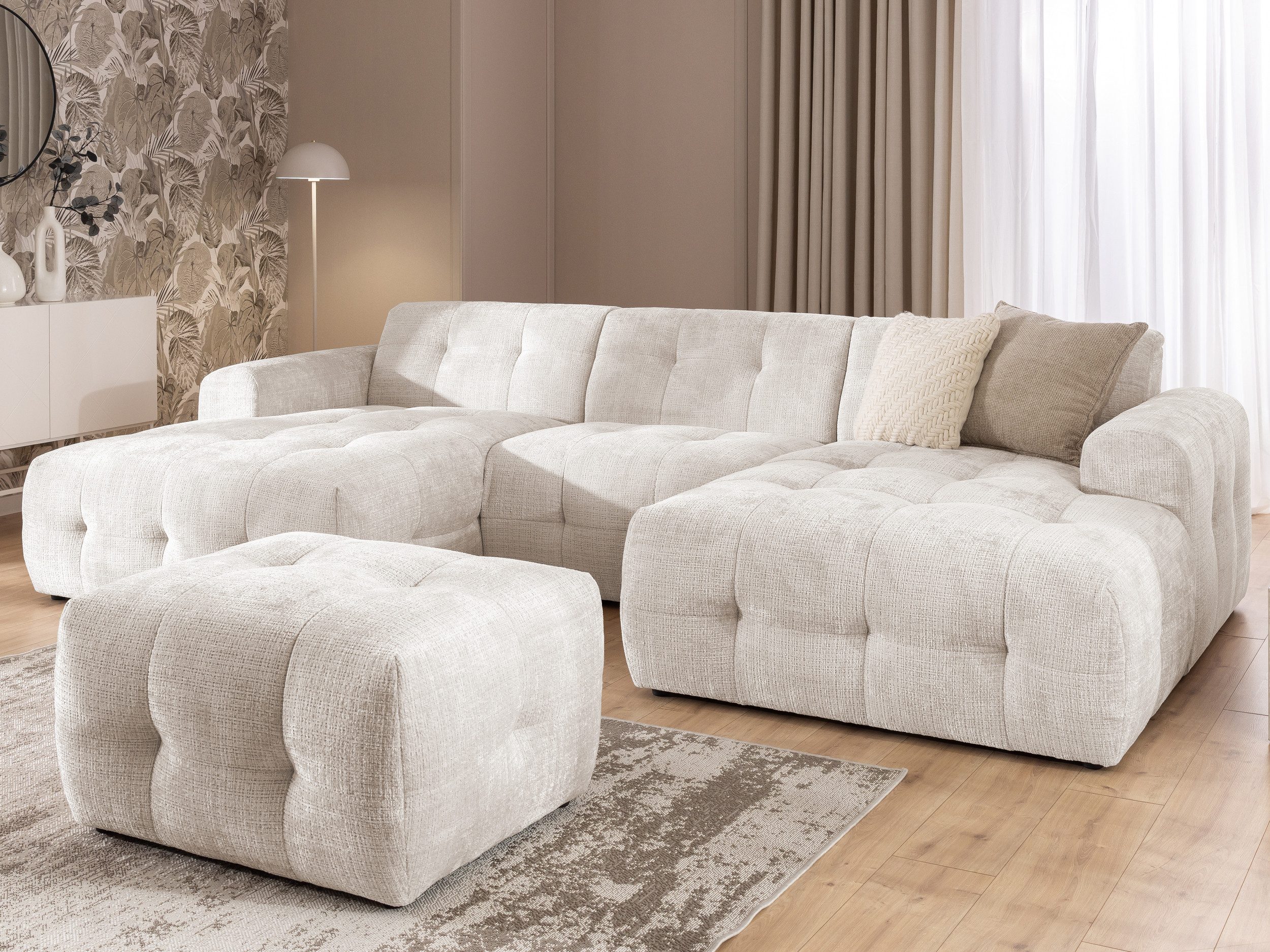 S-Style Möbel Wohnlandschaft und Hocker Kozy Bumpy-Design mit Schlaffunktion & fester Rückenlehne, aus weichem Chenille-Stoff, mit Wellenfederung