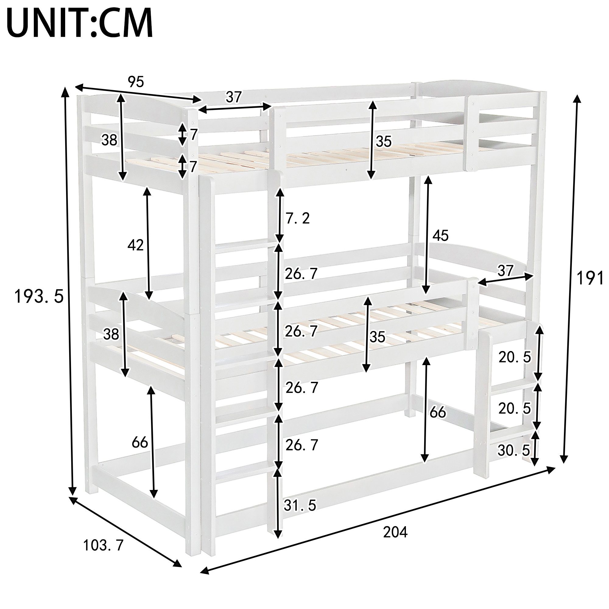 Flieks Etagenbett (mit 2 Leiter und 2 Set Lattenrost), Dreier-Etagenbett Hochbett Kiefernholzbett Kinderbett 90x200cm – Bild 4 von 5