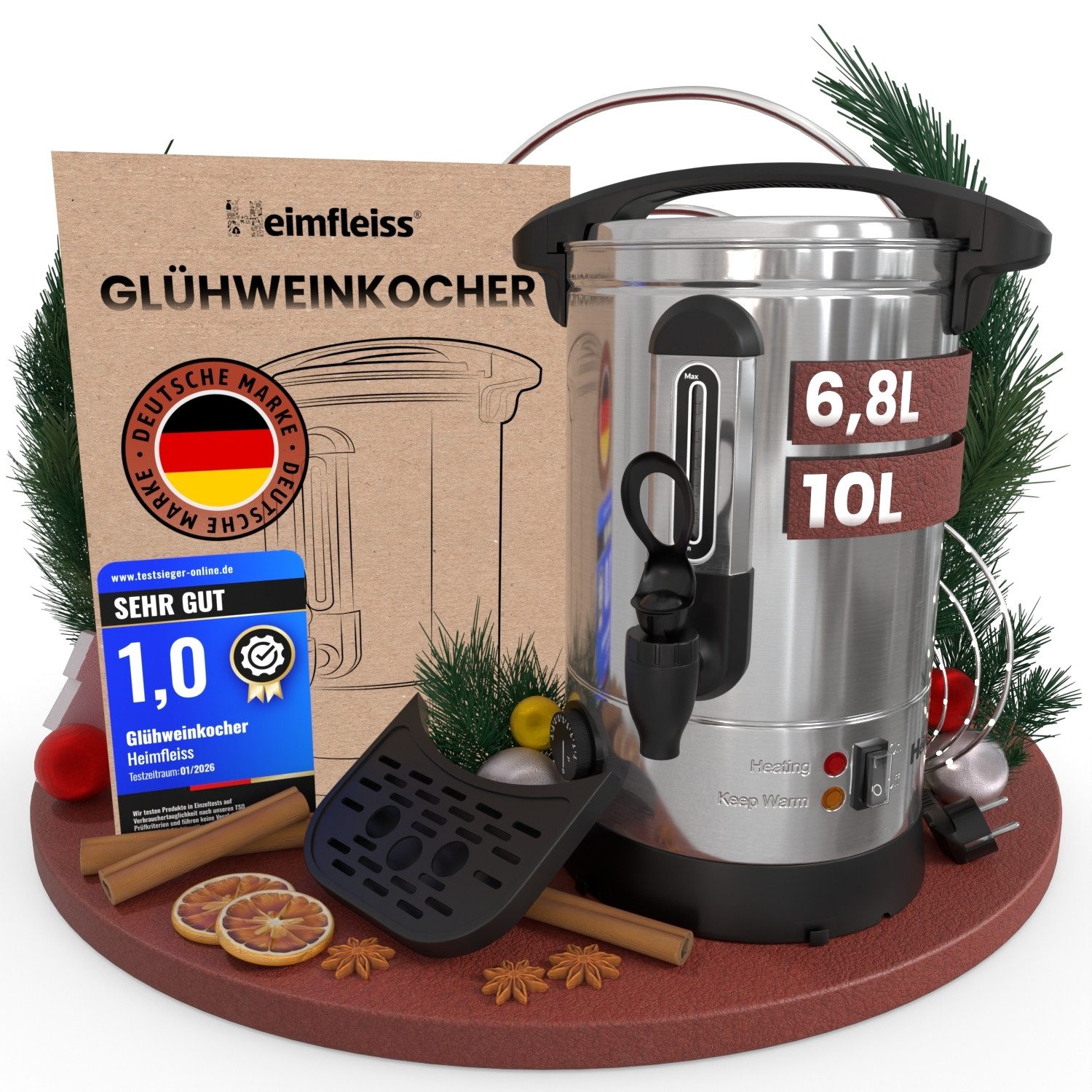 Heimfleiss® Einkochautomat Glühweinkocher 6,8 Liter - Silber (Inkl. Abtropfschale), 1500 W, rostfreier Edelstahl, 40 Tassen
