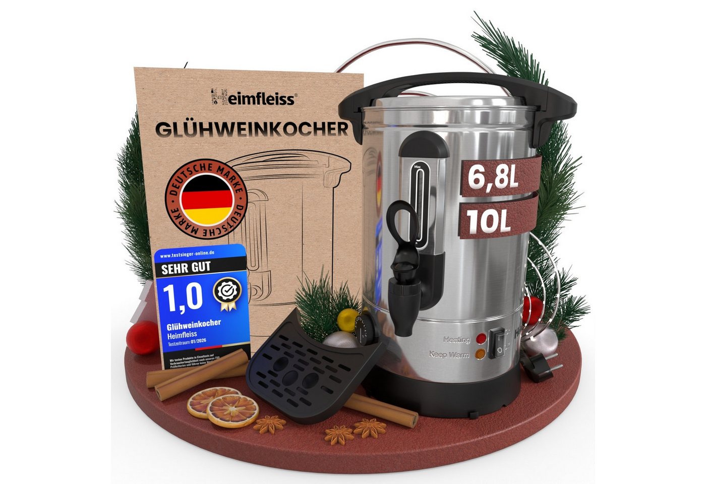 Heimfleiss® Einkochautomat Glühweinkocher 6,8 Liter - Silber (Inkl. Abtropfschale), 1500 W, rostfreier Edelstahl, 40 Tassen
