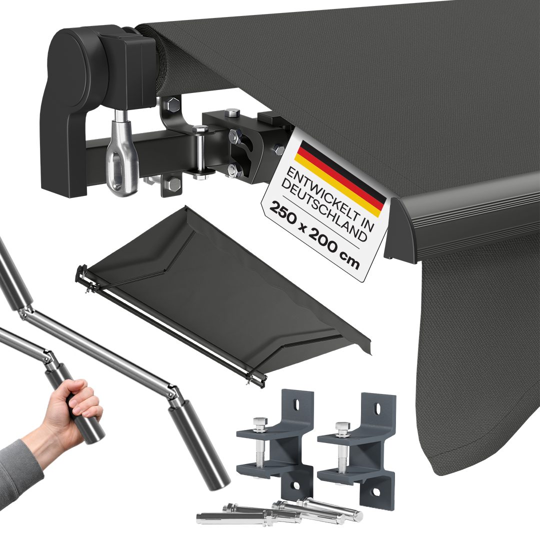 STEELSØN Gelenkarmmarkise Kestria wetterfest & blickdicht, Alu-Kassette, Wandhalterung & Gewebe (250x200 cm, anthrazit) langlebiges Kunststoffgewebe, Markise für Balkon/Dachterrasse/Garten