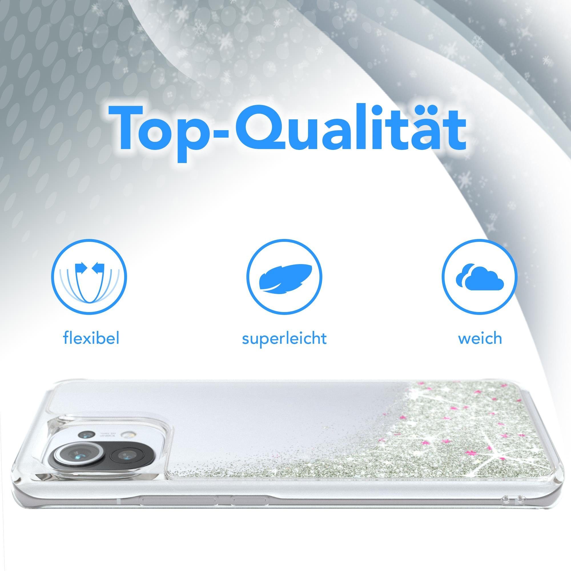 EAZY CASE Handyhülle Liquid Glittery Case für Xiaomi Mi 11 5G 6,81 Zoll, Kratzfeste Silikonhülle stoßfestes Back Cover Phone Case Etui Silber