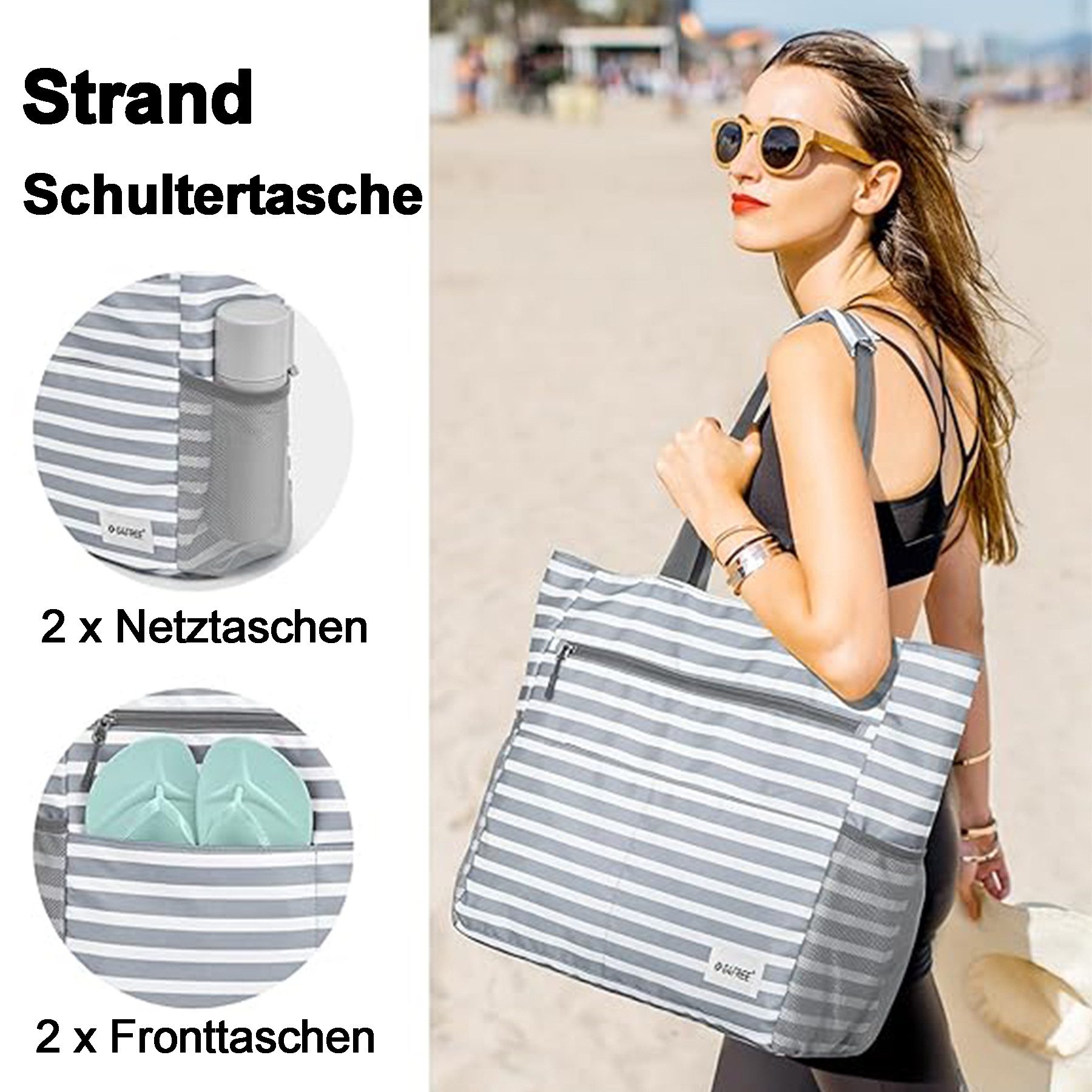 Mutig Strandtasche Große Strandtasche mit Reißverschluss, wasserdicht & sanddicht (Damen Umhängetasche / Tragetasche / Shopper, itness- & Reisetasche für Strand, Pool), Urlaub & Reisen, Familie