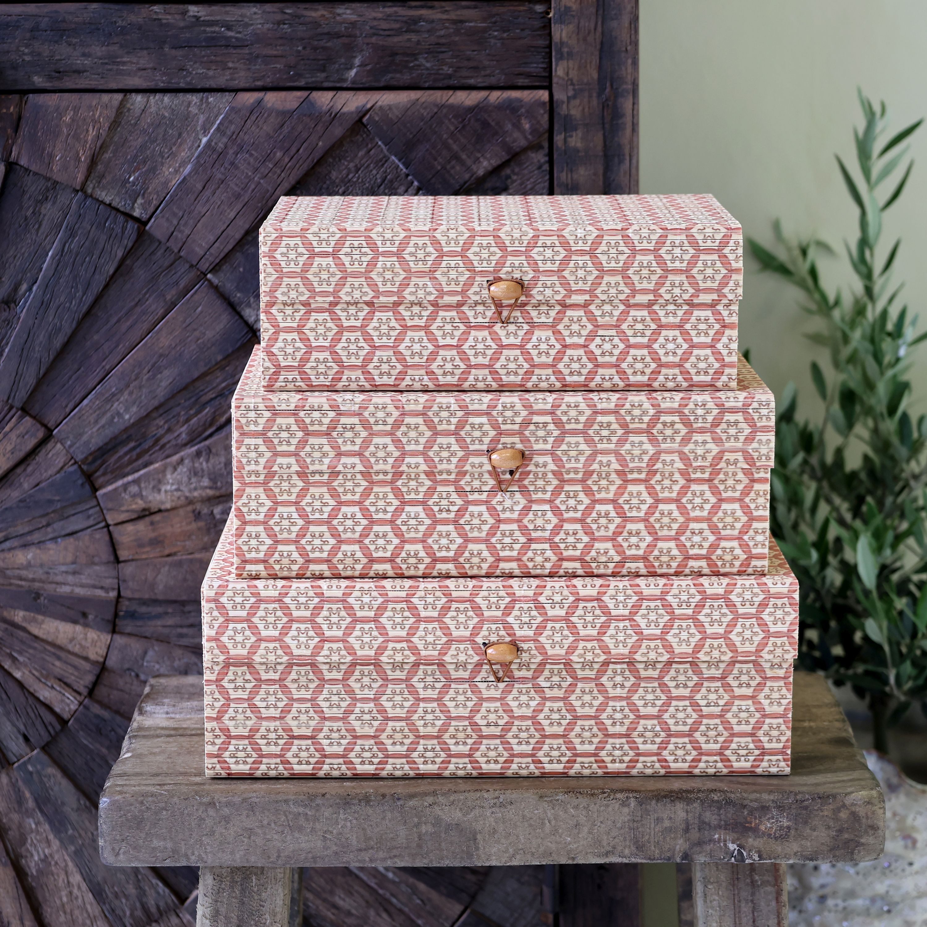 Chic Antique Holzkiste Chic Antique - 3er Schachtel Set Box Kiste mit Deckel Bambus Muster