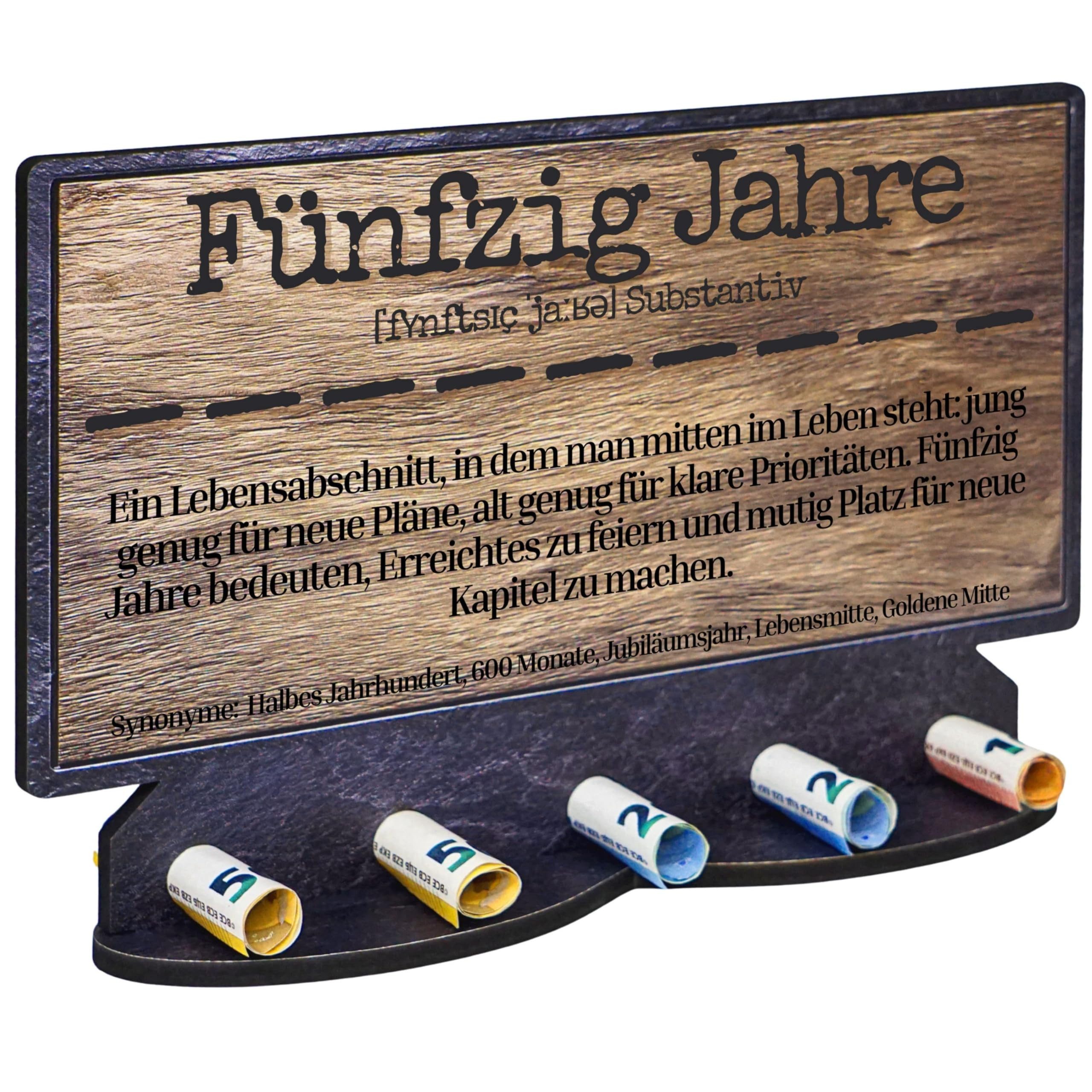 DARO Design Dekoobjekt Geldgeschenk Geburtstag Zahl Holzoptik Schieferoptik (Dekoration, 50 Jahre – Geldscheinhalter), 28 cm breit, 6 mm HDF
