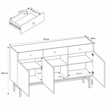 Furnix Kommode Taylie Sideboard mit drei Schubladen und drei Türen, B155 x H89,4 x L39 cm, Metallgestell, hochwertige Materiallien