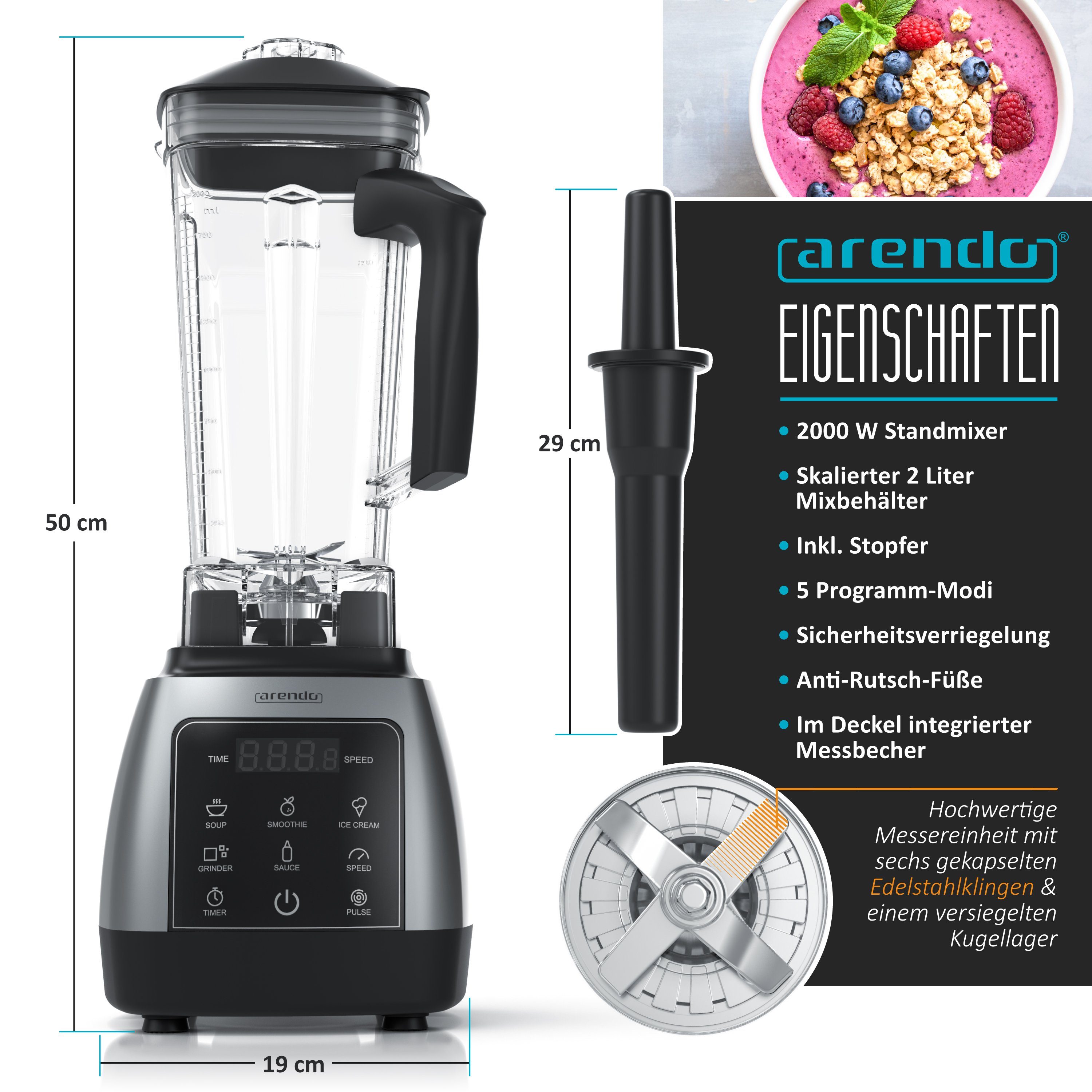 Arendo Standmixer Hochleitungsmixer 2000 W mit Touchpanel, max. 24.000 U/min, 2000 W, Mixer mit Pulsfunktion, 5 Programme, Timer, Mixer mit Display