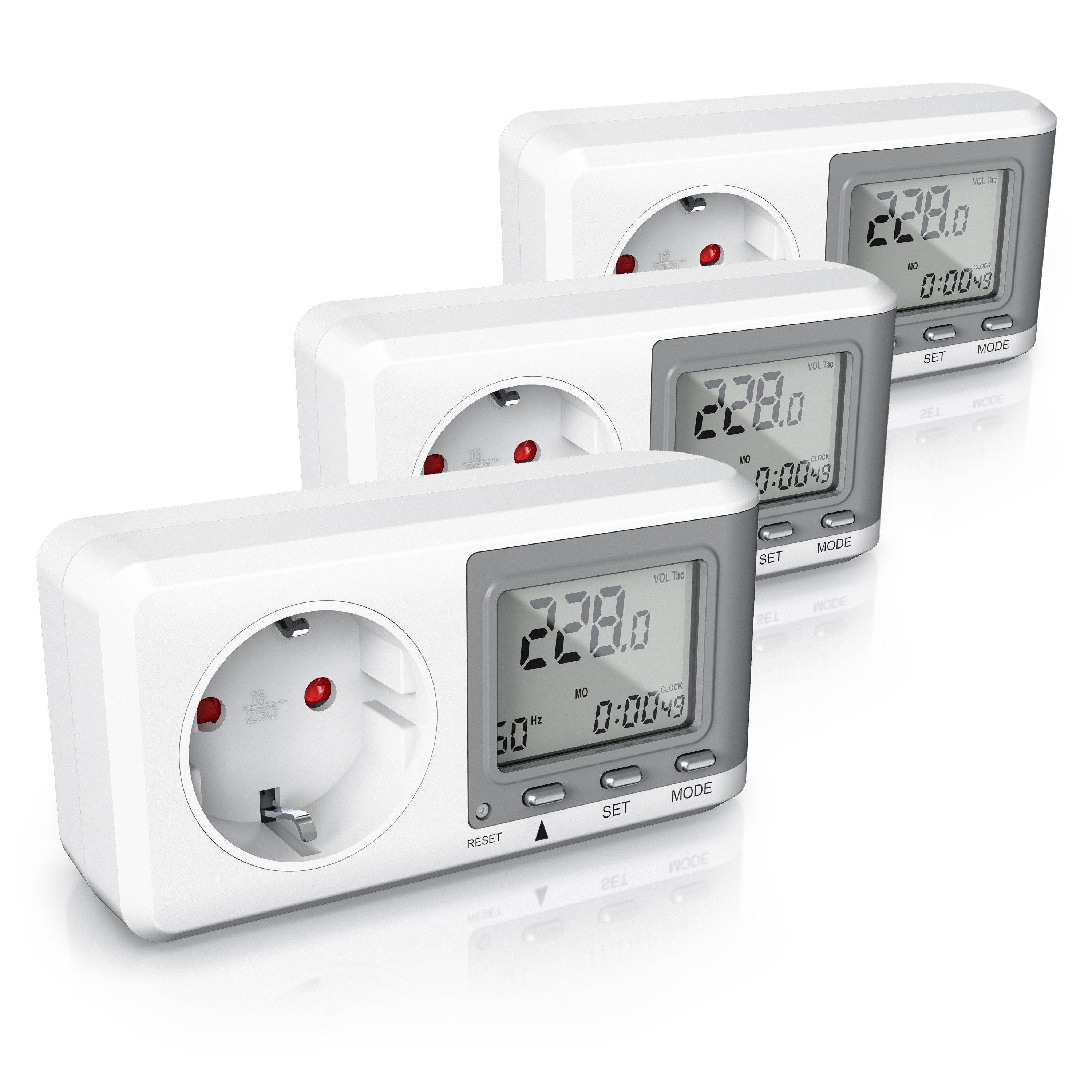 BEARWARE Energiekostenmessgerät 3er Set Energiekostenmessgerät Strommessgerät Steckdose, 3-tlg., Strommessgerät für Typ F Buchse mit Berührungsschutz, 0,0 A -16 A