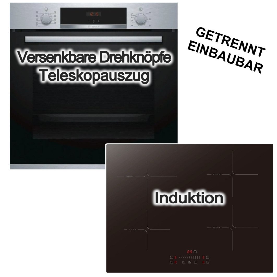 BOSCH Backofen-Set Backofen BOSCH 3D Heißluft Hydrolyse + Induktionskochfeld PKM Booster, mit 1-fach Teilauszug, Hydrolyse
