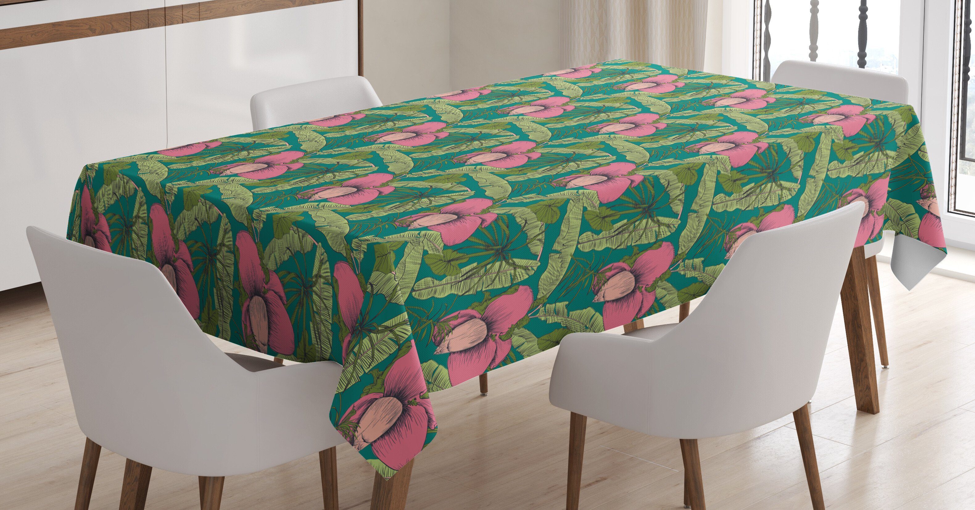 Abakuhaus Tischdecke Farbfest Waschbar Für den Außen Bereich geeignet Klare Farben, Tropisch Banana Blätter Hibiscus