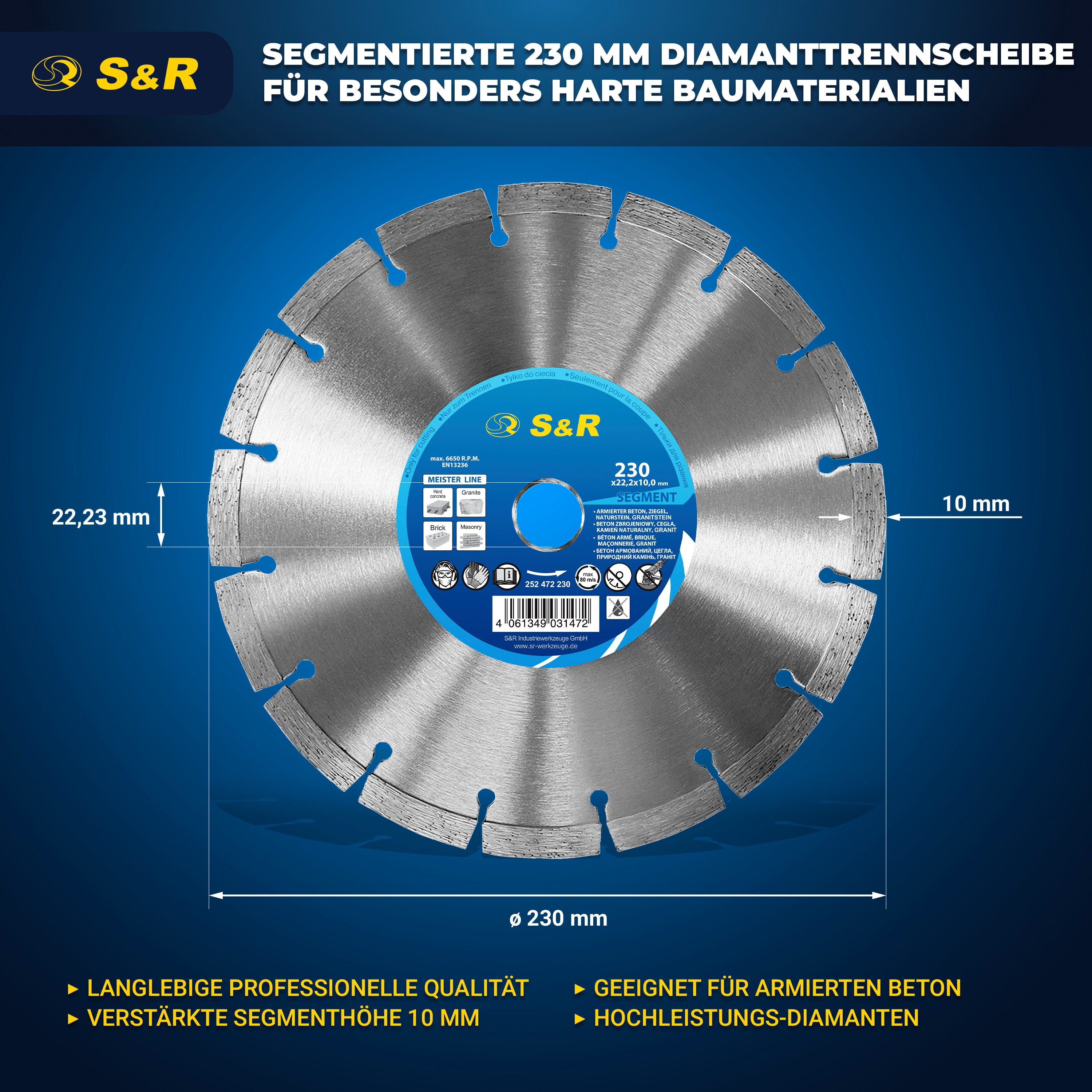 Thumbnail - S&R Diamanttrennscheibe PREMIUM, Trennscheibe 230 x 22,2 x 10 x 2,6mm, lasergeschweißt zum, Ø 230 mm, Schneiden von Beto...