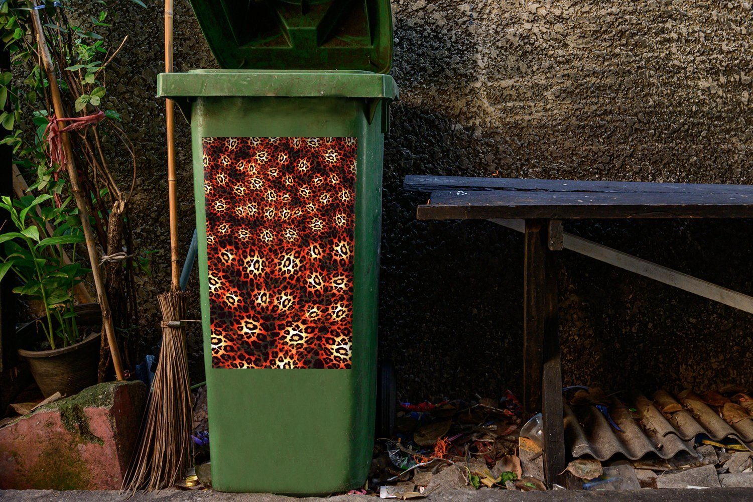 Mülltonne, (1 Container, Muster MuchoWow Leopard Abfalbehälter Rot St), - Mülleimer-aufkleber, Sticker, Wandsticker -
