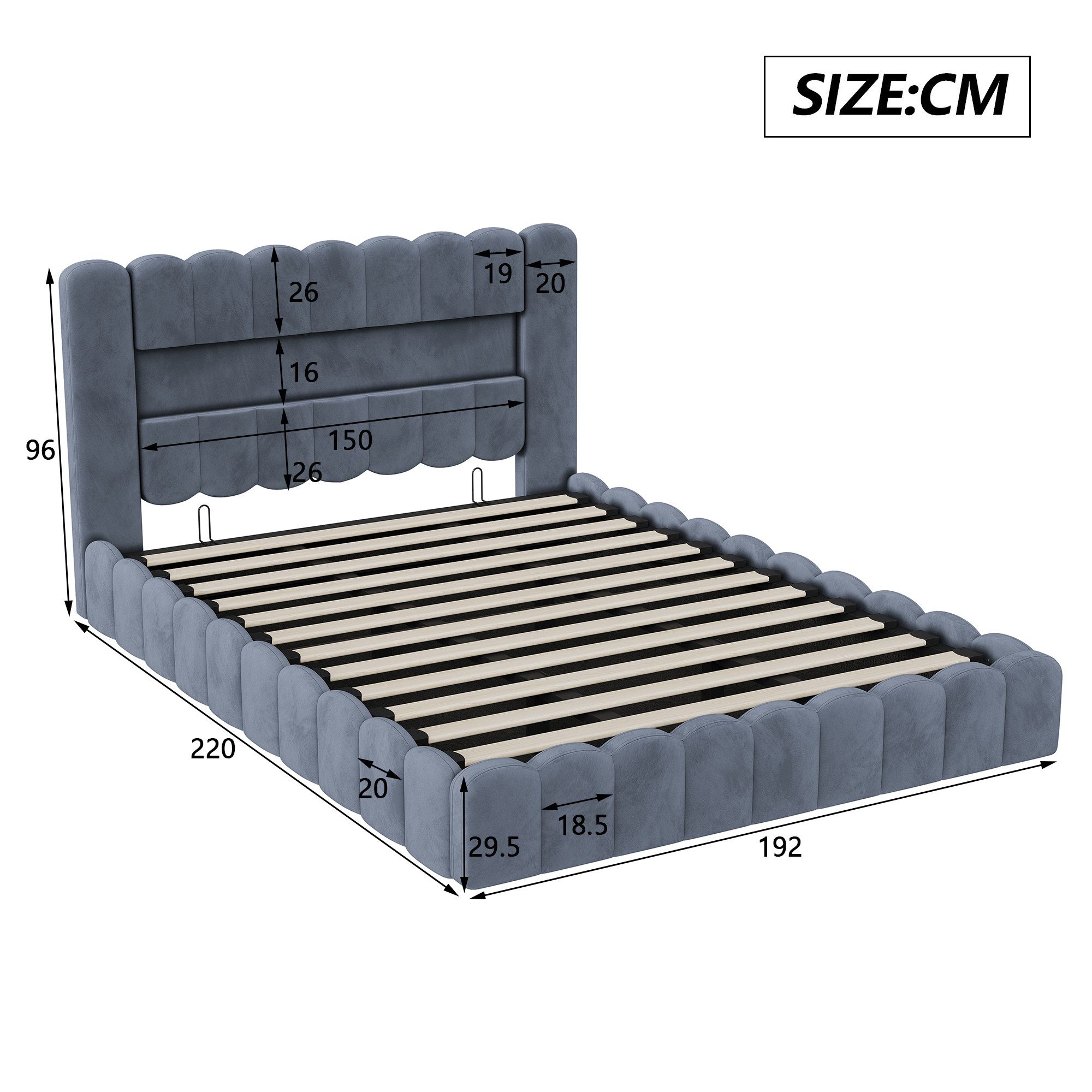 PXloue Polsterbett Doppelbett Jugendbett (ohne Matratze), Stauraumbett, Bettkasten, LED-Beleuchtung, USB-Anschluss, 180x200 cm – Bild 5 von 5