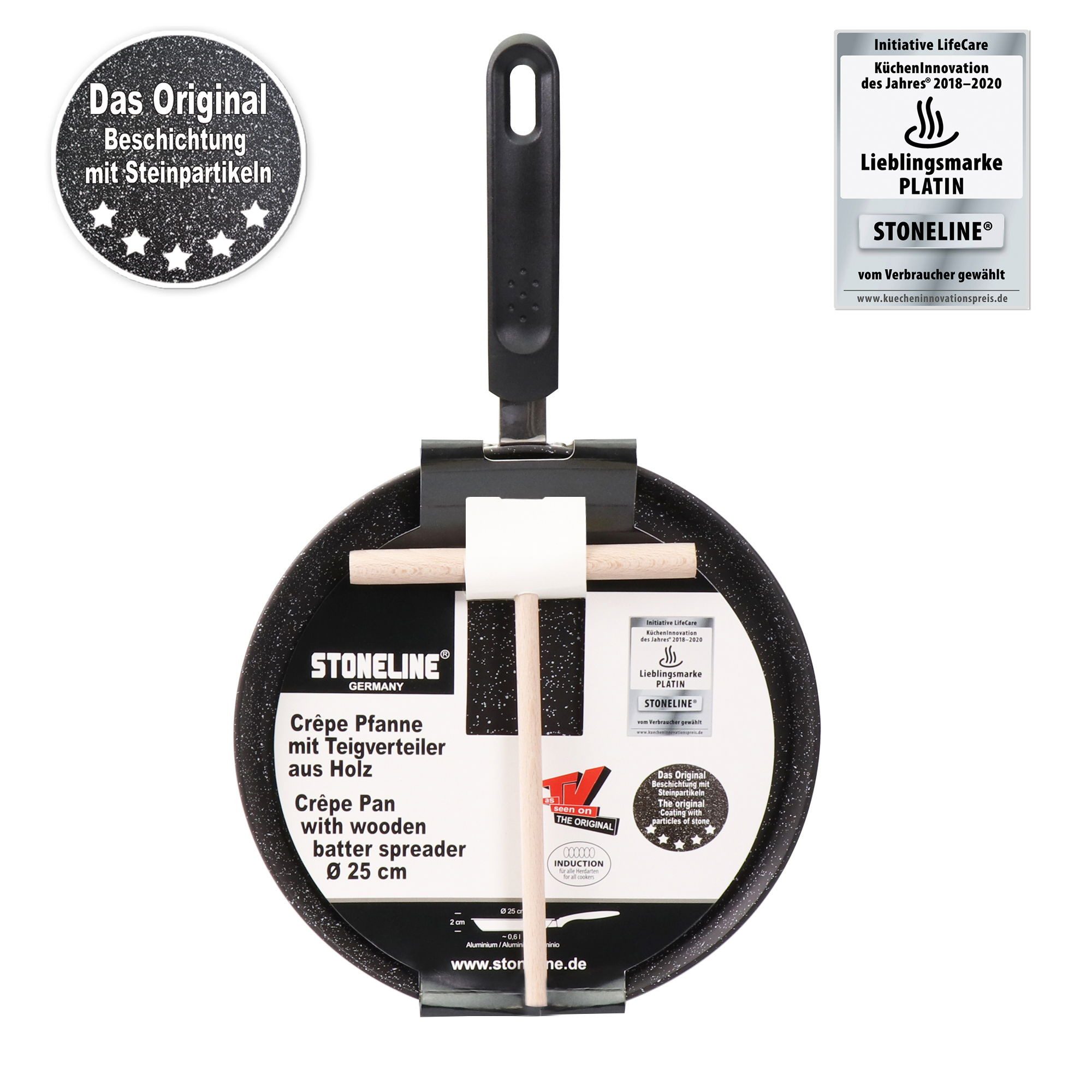 STONELINE Crêpepfanne, Aluminium (Set, 1-tlg., 1 Pfanne, 1 Teigverteiler aus Holz), mit echten Steinpartikeln, induktionsgeeignet, Designed in Germany