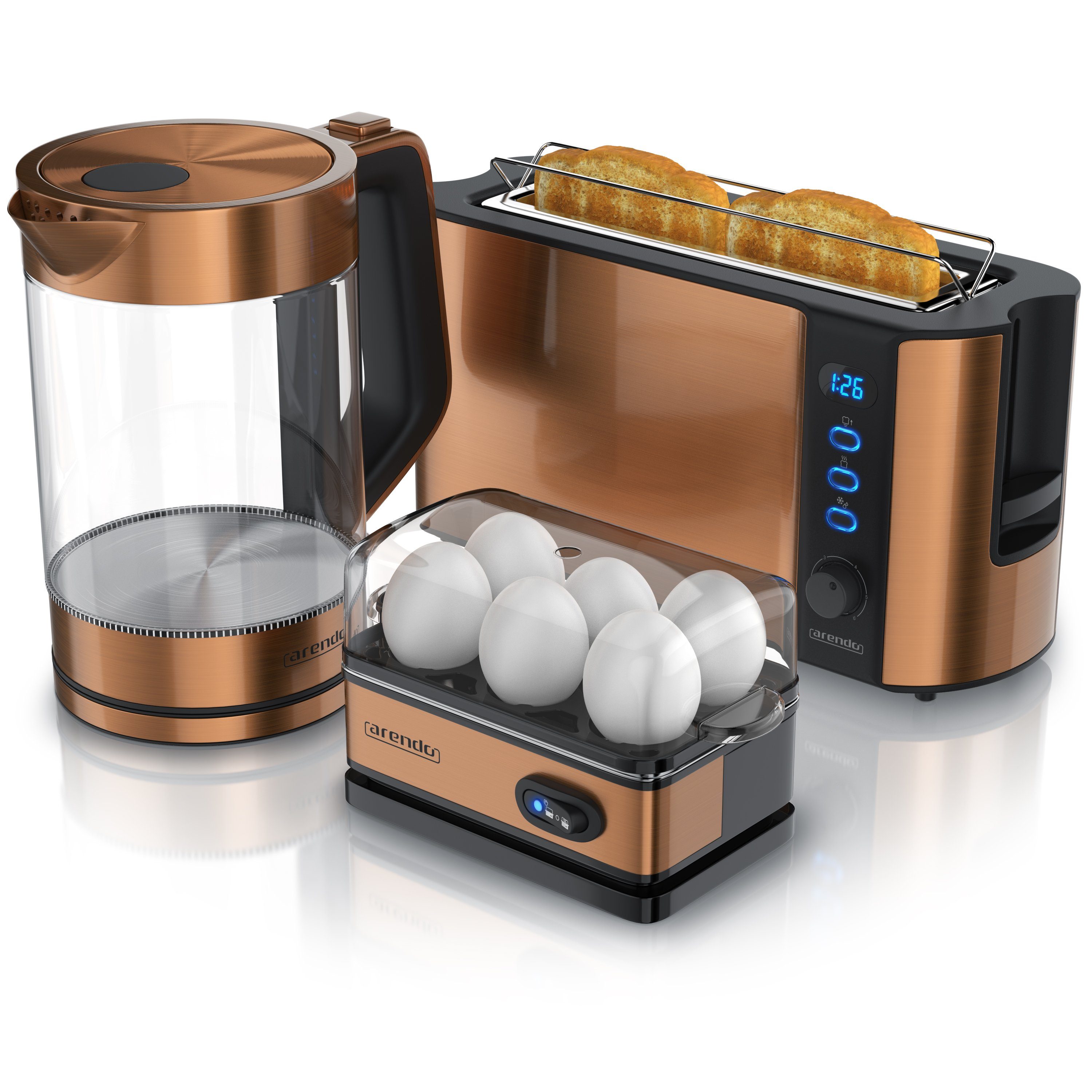 Arendo Frühstücks-Set Wasserkocher 1,7l / 2-Scheiben Toaster / Eierkocher, Edelstahl, Kupfer (3-tlg), BPA-frei, GS-geprüfte Sicherheit, …