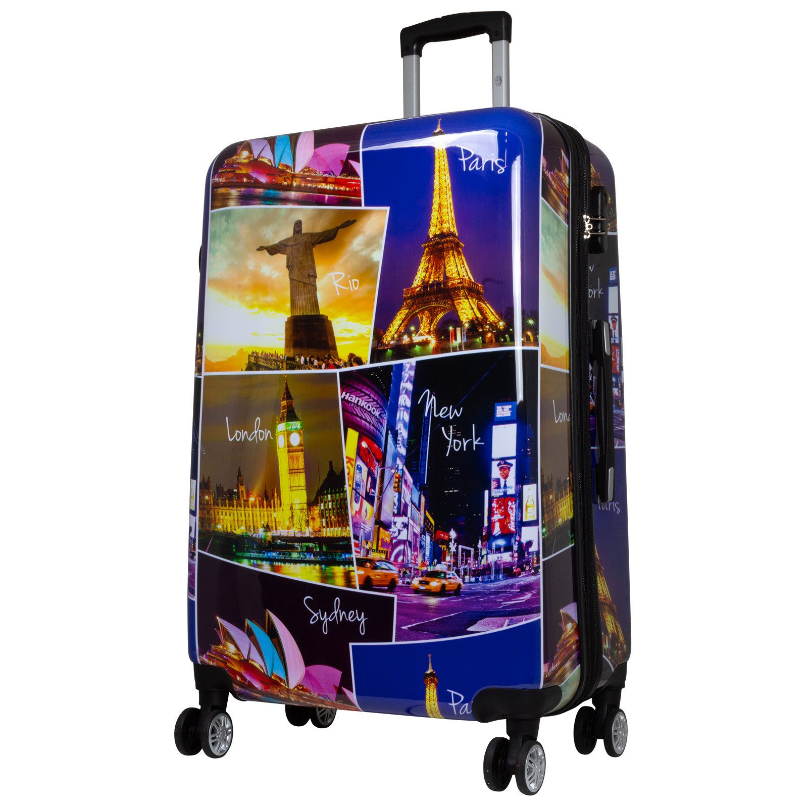Trendyshop365 Hartschalen-Trolley Janeiro, bunter Koffer mit Motiv, 3 Größen, 4 Rollen, Zahlenschloss, Polycarbonat, Dehnfalte