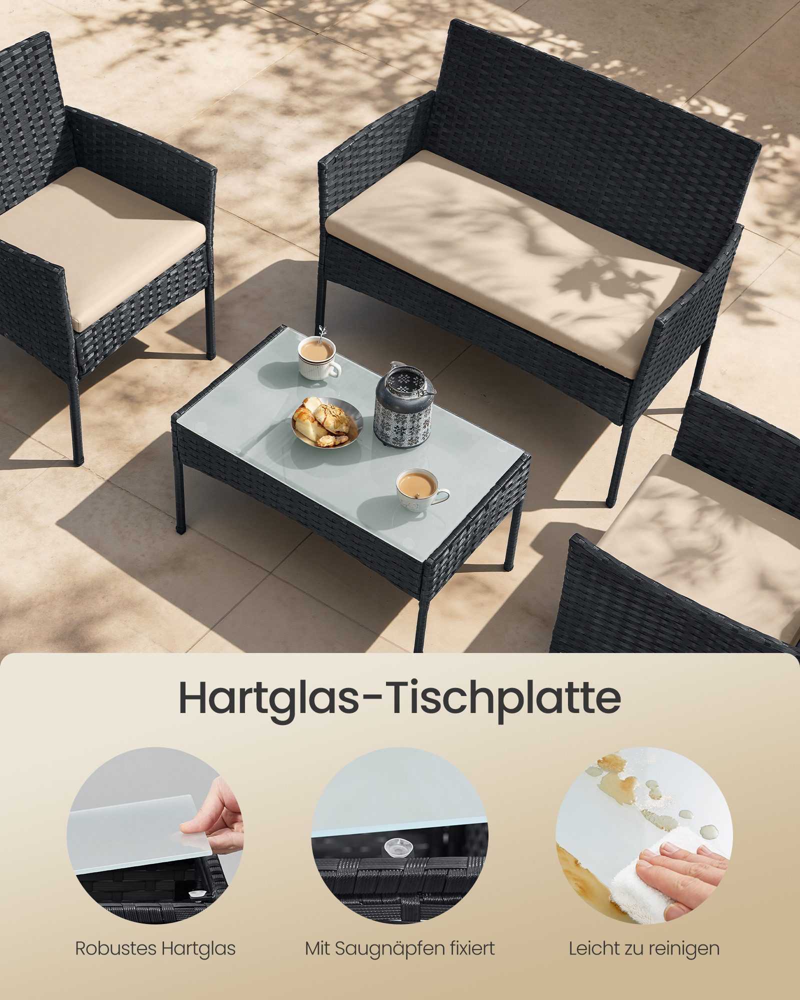 SONGMICS Gartenlounge-Set Balkonmöbel aus PE-Polyrattan, (4-tlg., 2 Gartenstuhl, 1 Sofa, 1 Gartentisch, mit Kissen), Balkonmöbel, Terrassenmöbel