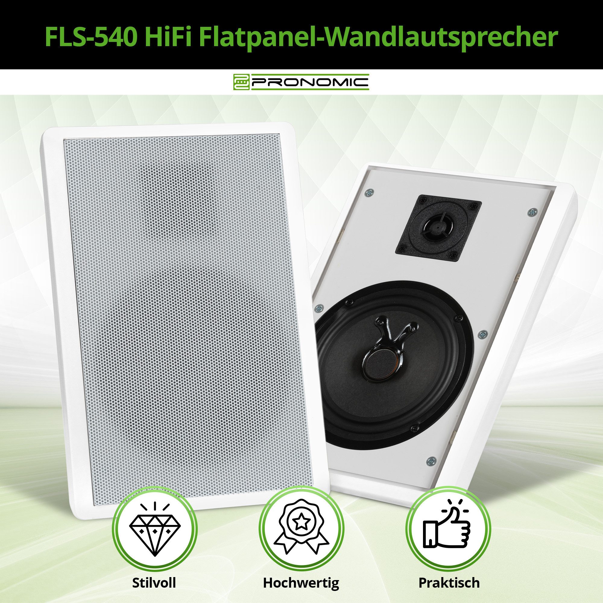 Pronomic FLS-540 Paar Flatpanel Wandlautsprecher Box weiß 2x Set - Slim Design Lautsprecher 2 Wege (25 W, HiFi Flachlautsprecher, 5,25"/133 mm Woofer, 1,2"/30 mm Tweeter)