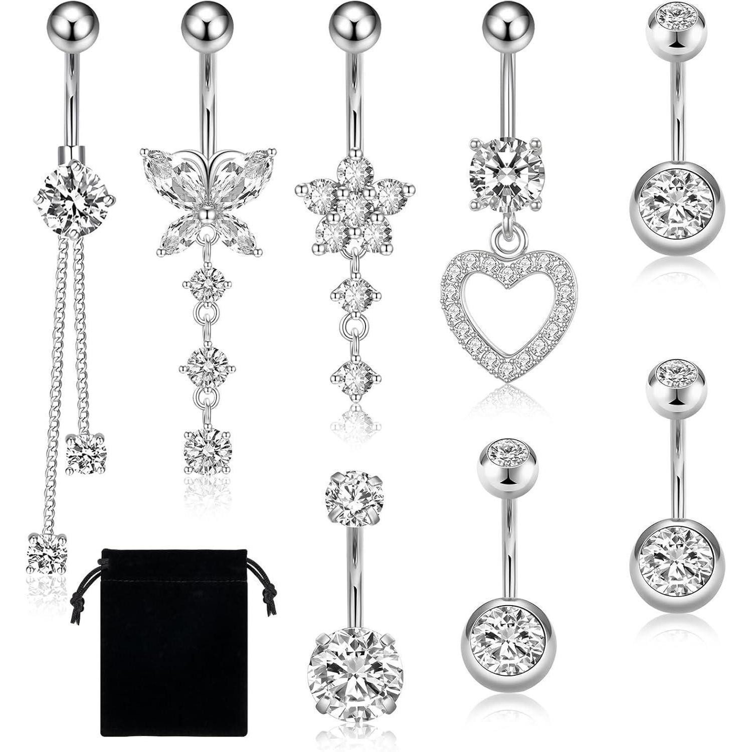Leikedun Bauchnabelpiercing-Set 8PCS Bauchnabelpiercing 14G Edelstahl Silber Zirkonias Schmetterling