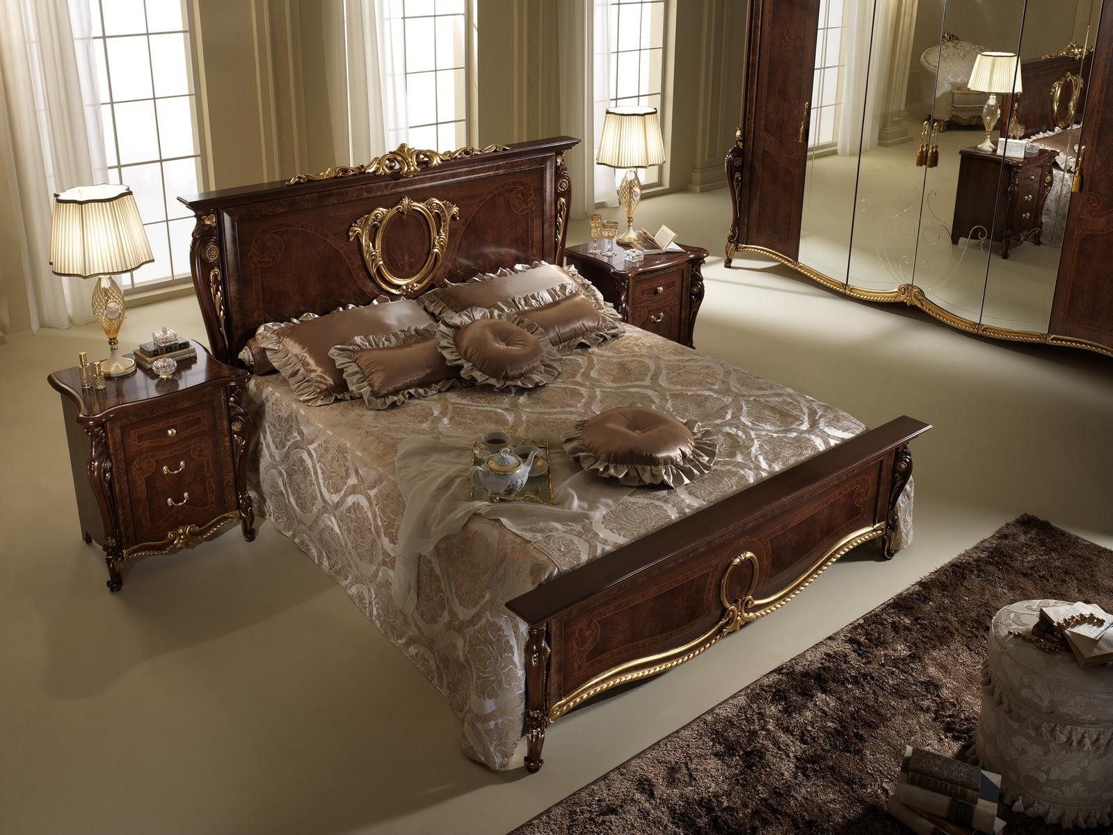 Xlmoebel Schlafzimmer-Set Doppelbett Holz Antik Barock Rokoko mit 2 Nachttischen, Made in Europa