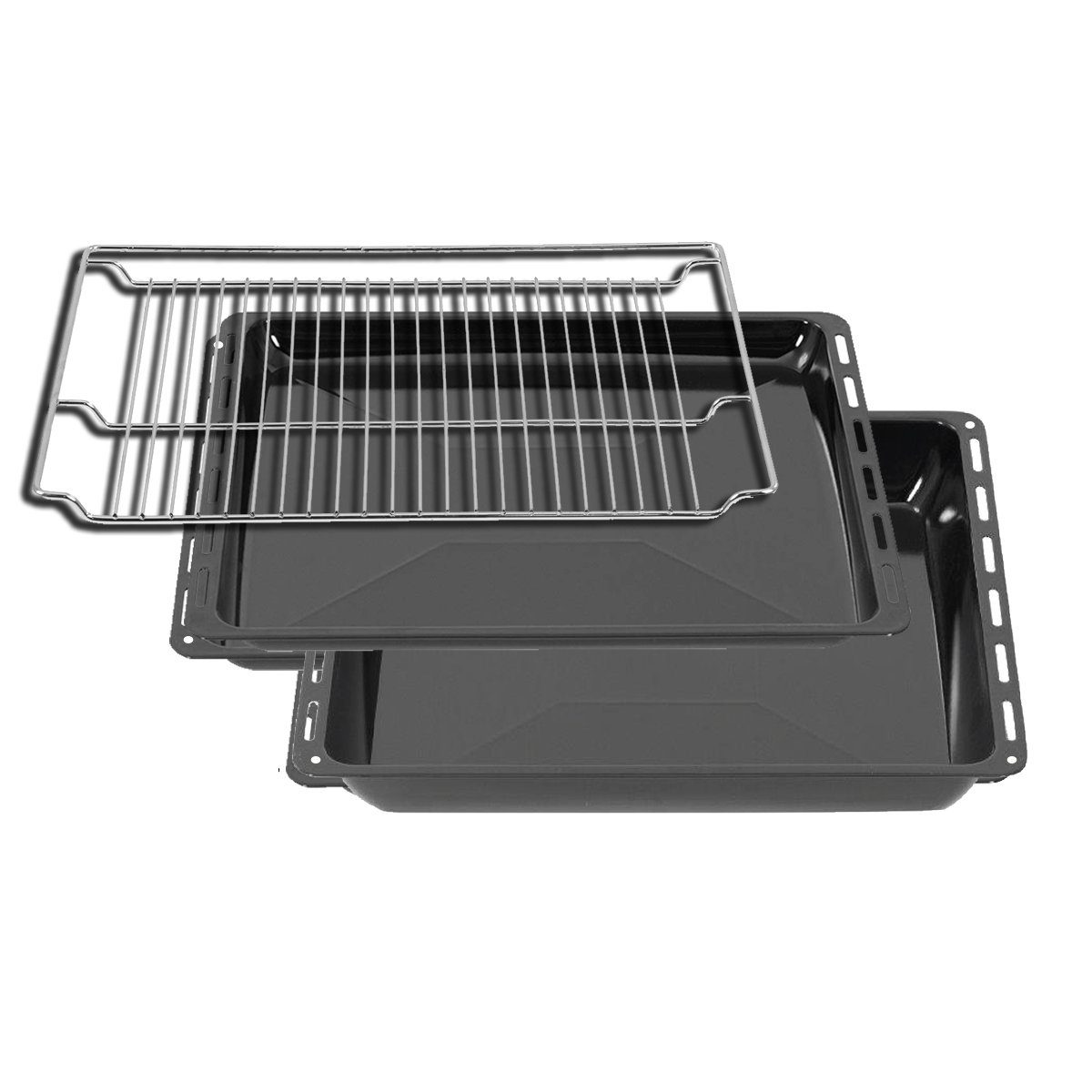 ICQN Backblech 465 x 370 x 30 und 60 mm Backblech Set mit Gitter, Emaille, (Set, 3-St., Fettpfanne und Verchromt Backofenrost), Passend für Bosch Neff Constructa