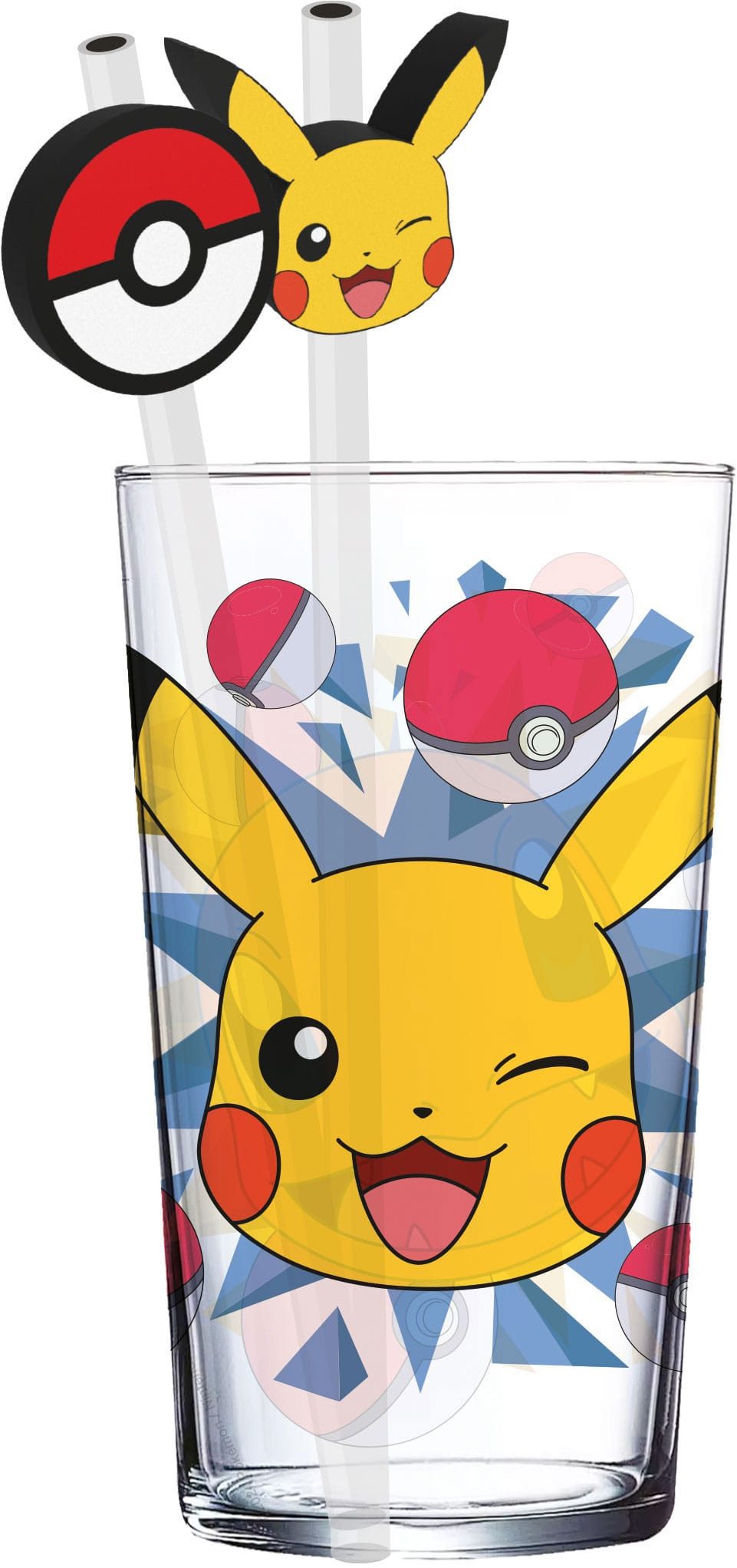 Stor Glas Pokémon Glas Tumbler mit Trinkhalmen Pikachu 485 ml, Glas Tumbler mit Metallstrohhalmen