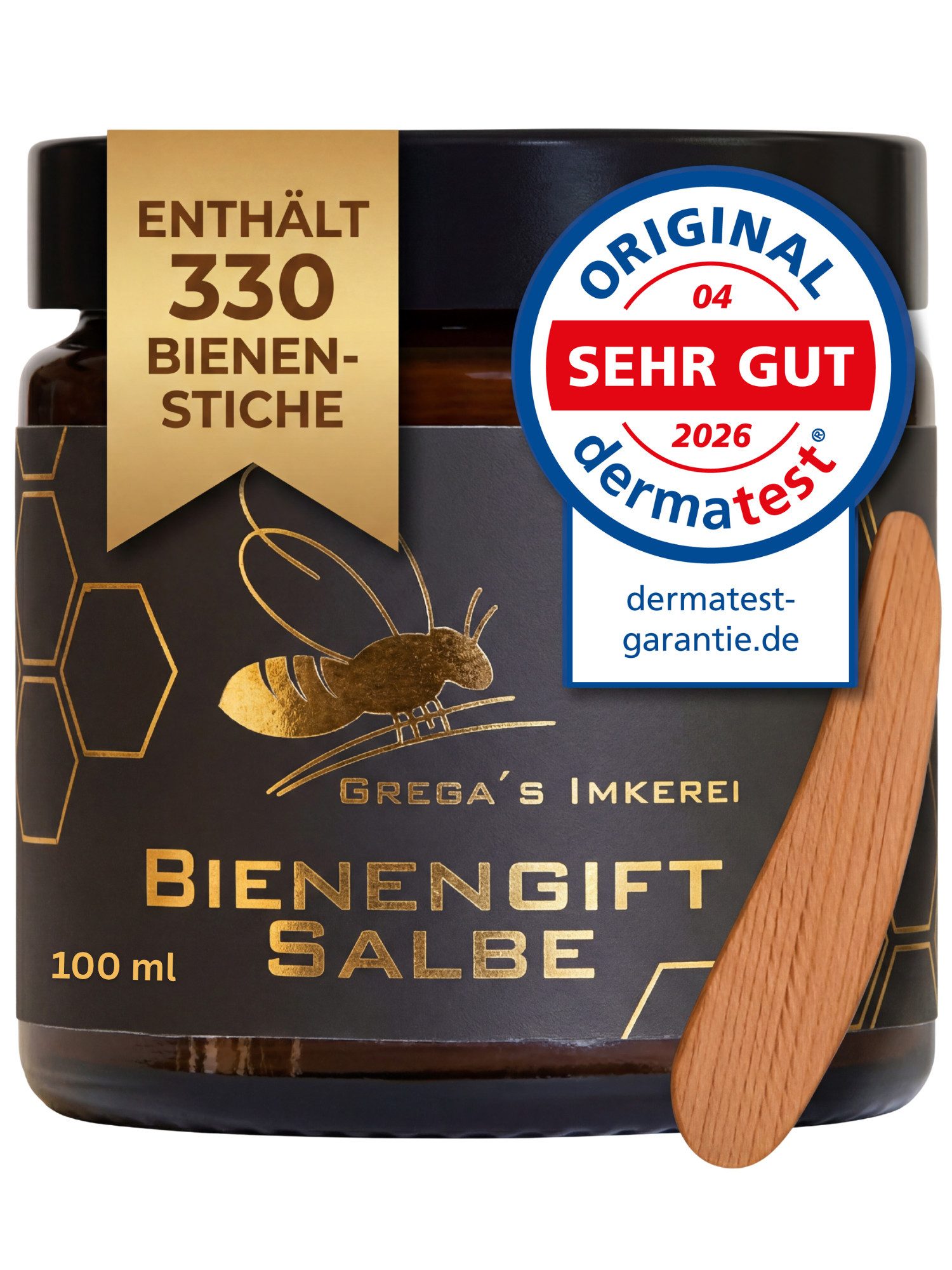 Grega´s Imkerei Körpercreme Bienengiftsalbe 100 ml - Derma Test „Sehr gut“ inkl. Massivholz Cremespatel, 1-tlg., Hochkonzentrierte Muskel- und Gelenkpflege mit ca. 330 Bienenstichen