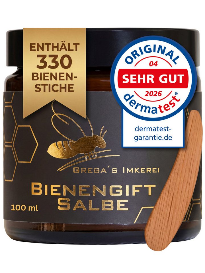 Grega´s Imkerei Körpercreme Bienengiftsalbe 100 ml - Derma Test „Sehr gut“ inkl. Massivholz Cremespatel, 1-tlg., Hochkonzentrierte Muskel- und Gelenkpflege mit ca. 330 Bienenstichen