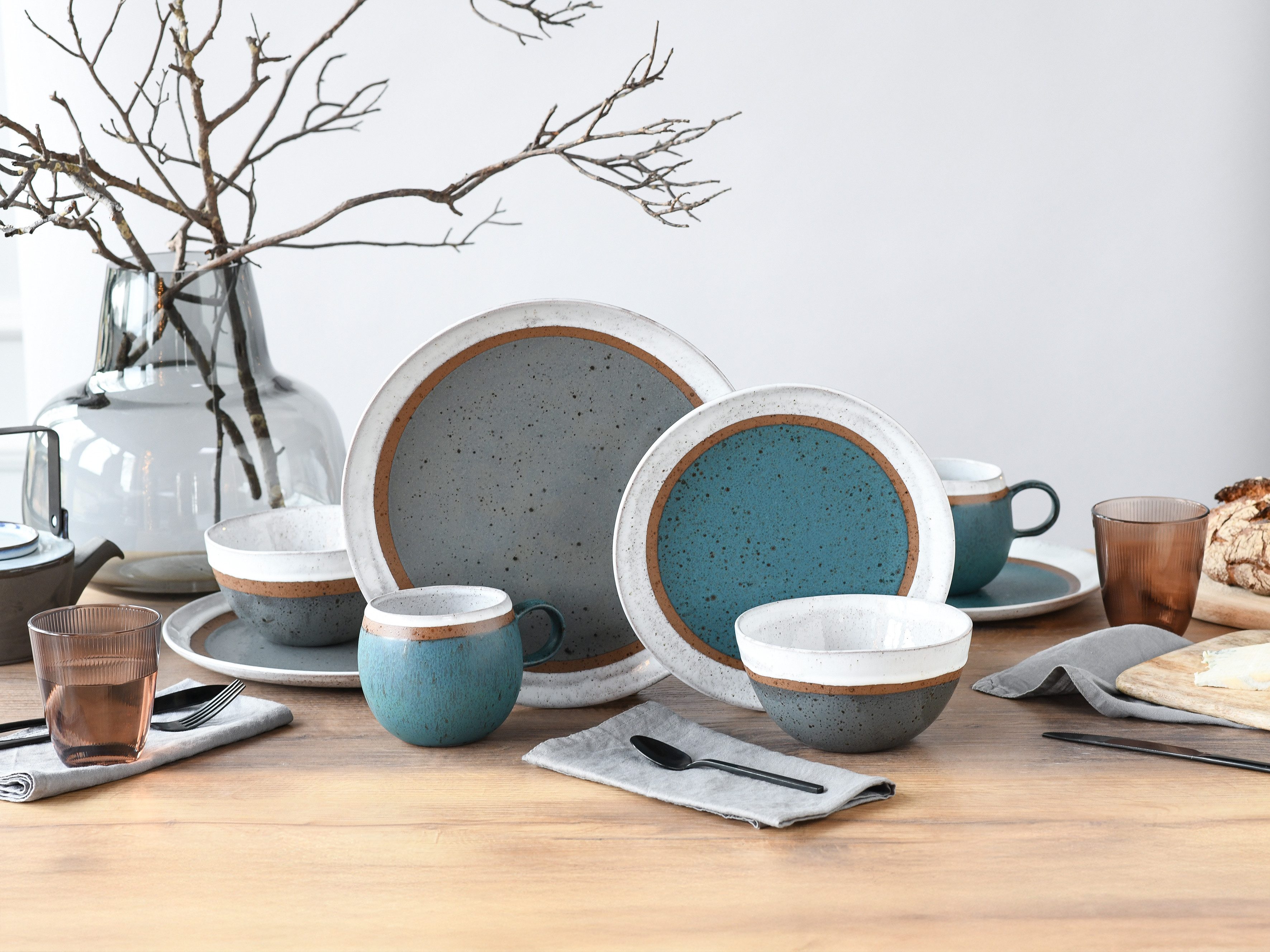 CreaTable Kombiservice Geschirr-Set Fjord (8-tlg), 2 Personen, Steinzeug, Service, skandinavisches Design, 8 Teile für 2 Personen