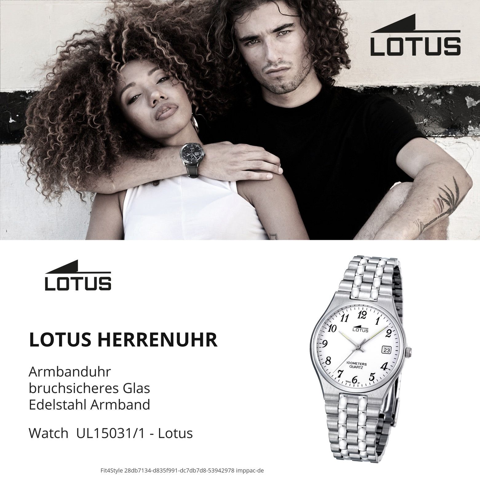 Armbanduhr Herren Lotus rund, Edelstahlarmband Herren mittel Uhr 34,5mm), Lotus (ca. L15031/1, Quarzuhr silber Elegant