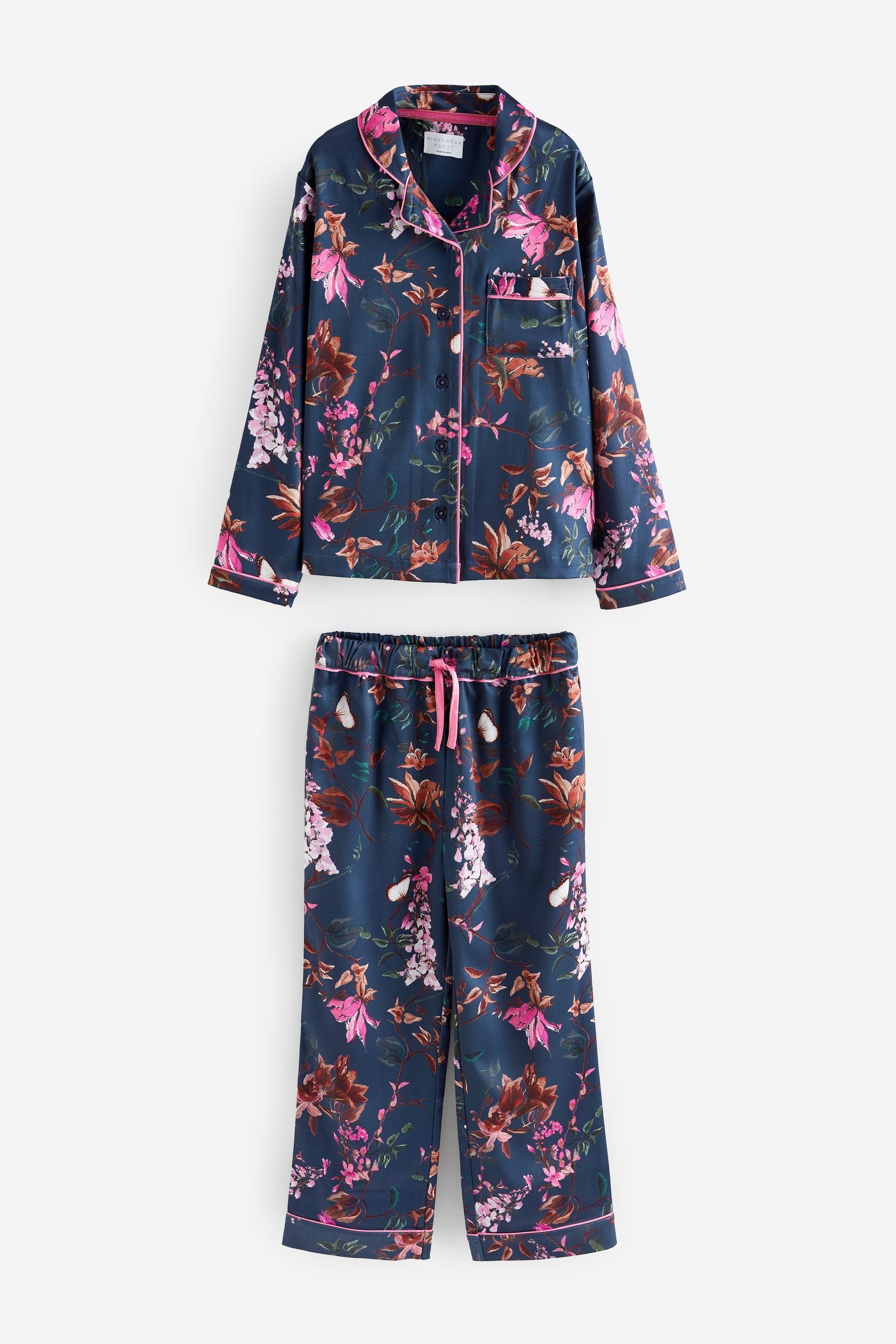 Next Pyjama Durchgehend geknöpfter Schlafanzug aus Satin (2 tlg) Navy Blue Floral | Pyjamas