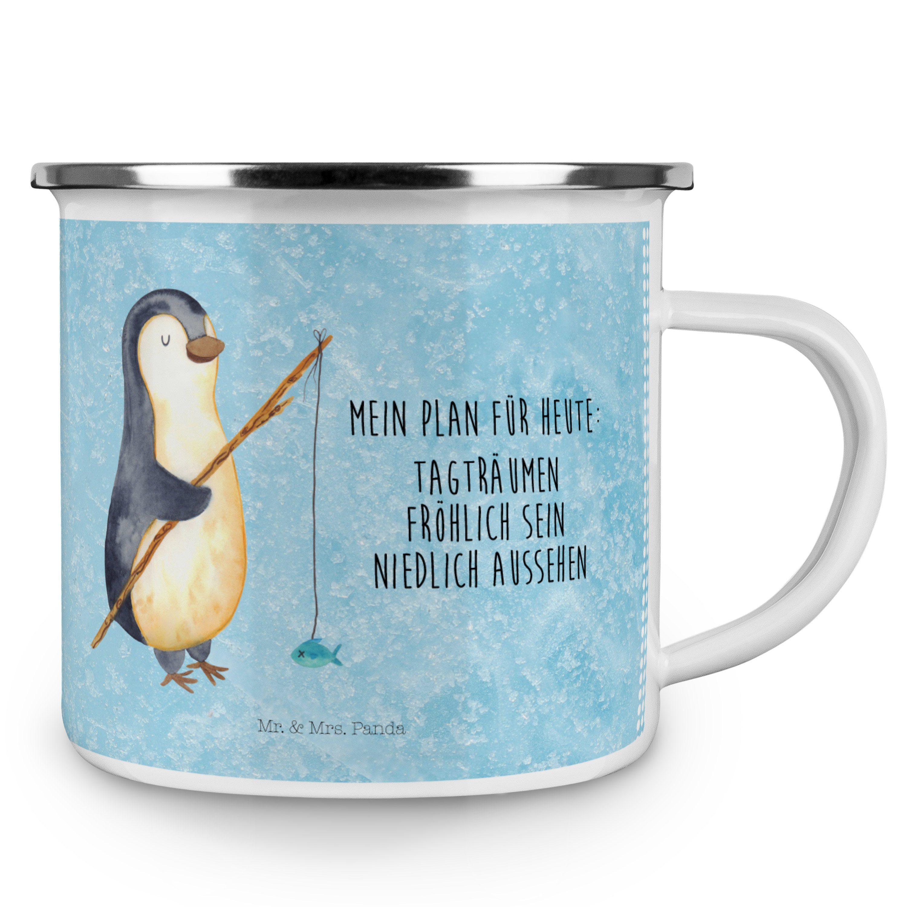 Mr. Angelurlaub, Mrs. Emaille Panda Geschenk, & Hobby, - Emaille Pinguin Trin, - Becher Angler Eisblau