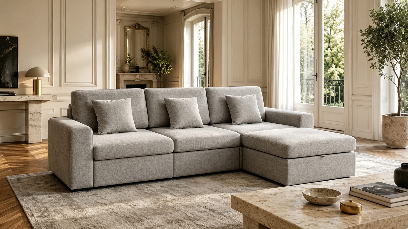 HOMAVO Ecksofa Schlafsofa, Couch L-Form, keine Montage erforderlich, inkl. Zierkissen, FSC® modulares Sofa, optionale Schlaffunktion & flexible Ottomane, Größe modular anpassbar, Stauraum je Sitz & edles Chenille für Komfort