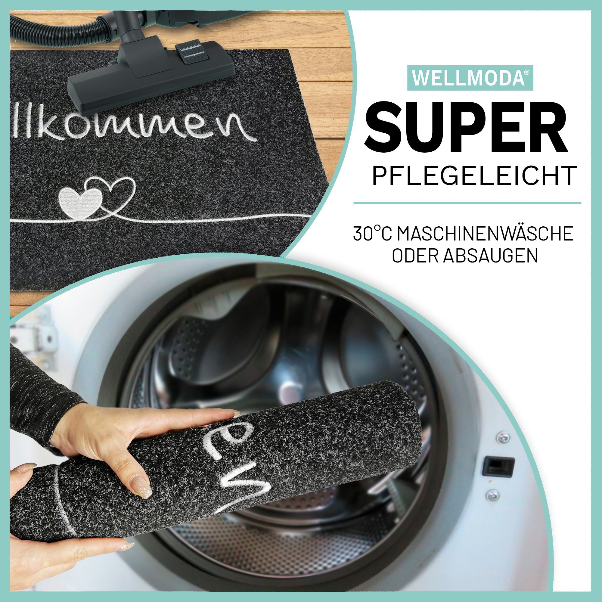 WELLMODA Fußmatte "Willkommen" I genähter Schriftzug I rutschfest & waschbar, rechteckig, Höhe: 7 mm