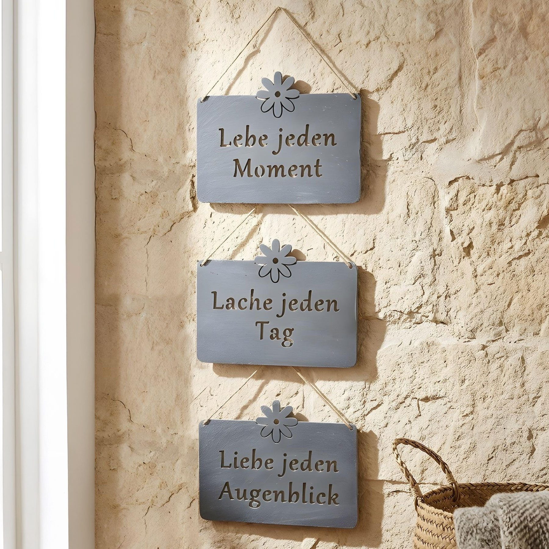 Levandeo® Wandbild, Wanddeko Metall Sprüche 3er Set Hängeschilder Grau Türschilder