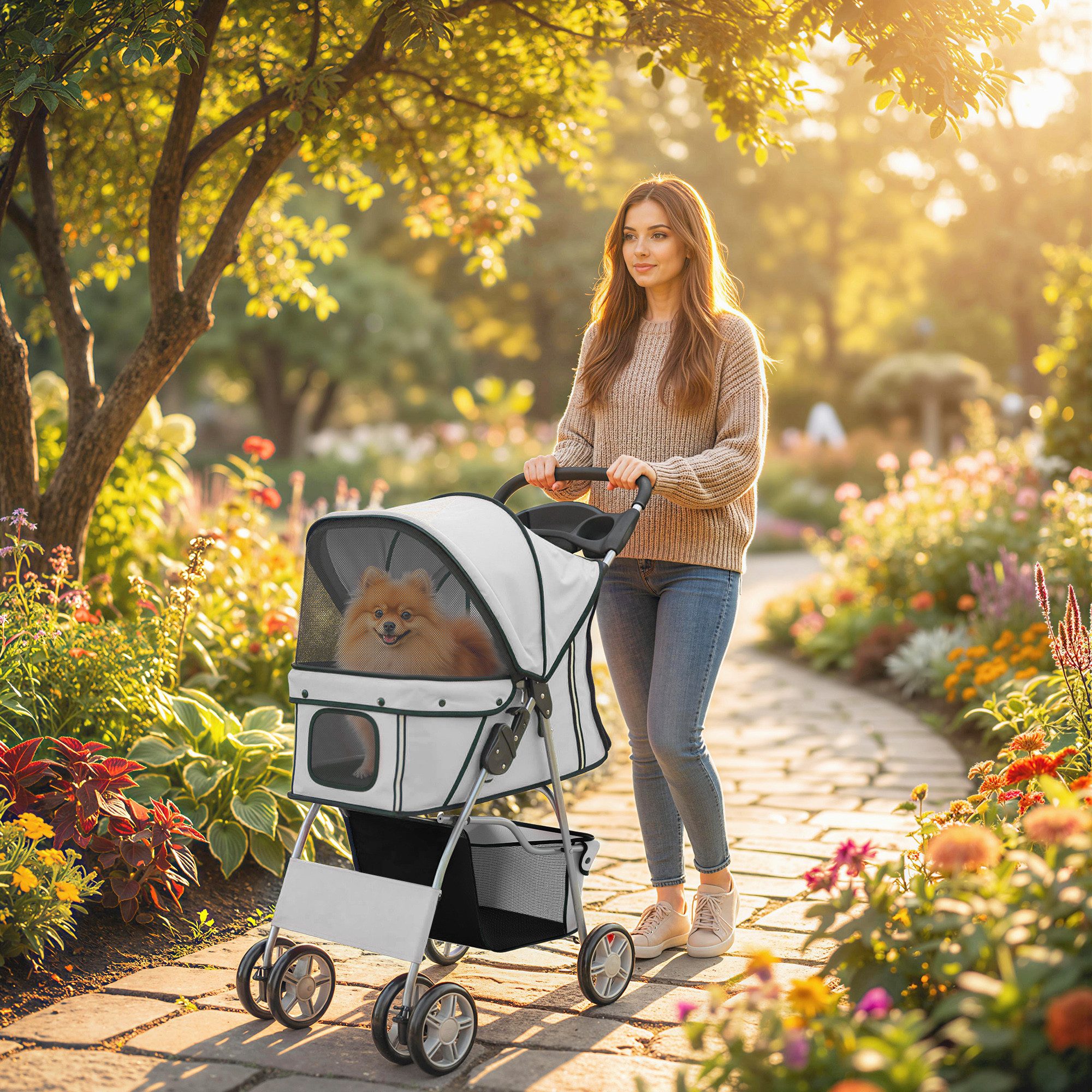 PawHut Hundebuggy Faltbar Katzenwagen mit Reflektorstreifen Aufbewahrungskorb Kissen, (Hundewagen, 1-tlg), für kleine Hunde bis 10kg, Grau