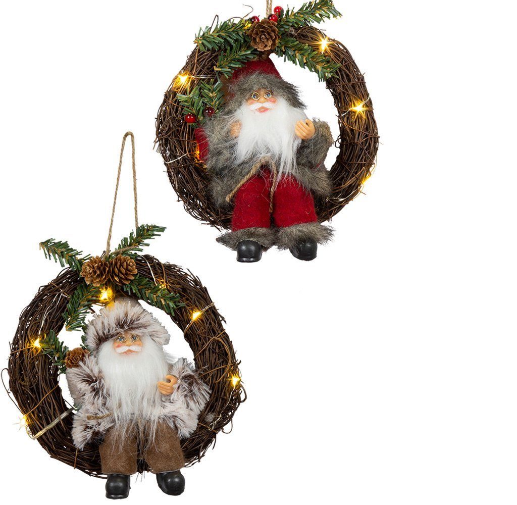 Christmas Paradise Weihnachtsmann im Kranz mit LED-Beleuchtung (Dekofiguren, 2 St., im Set), LED Nikolaus im Holzkranz, 2 Designs Braun/Rot, Weihnachtsdeko