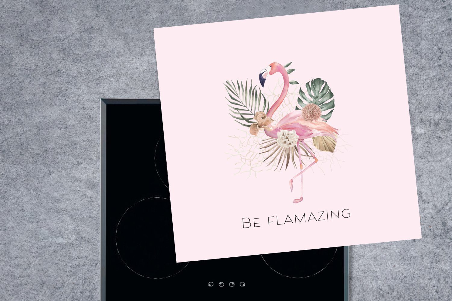 (1 Ceranfeldabdeckung, - Blumen Flamingo - - 78x78 cm, Vinyl, Arbeitsplatte MuchoWow küche für Herdblende-/Abdeckplatte tlg), Pastell, Blätter