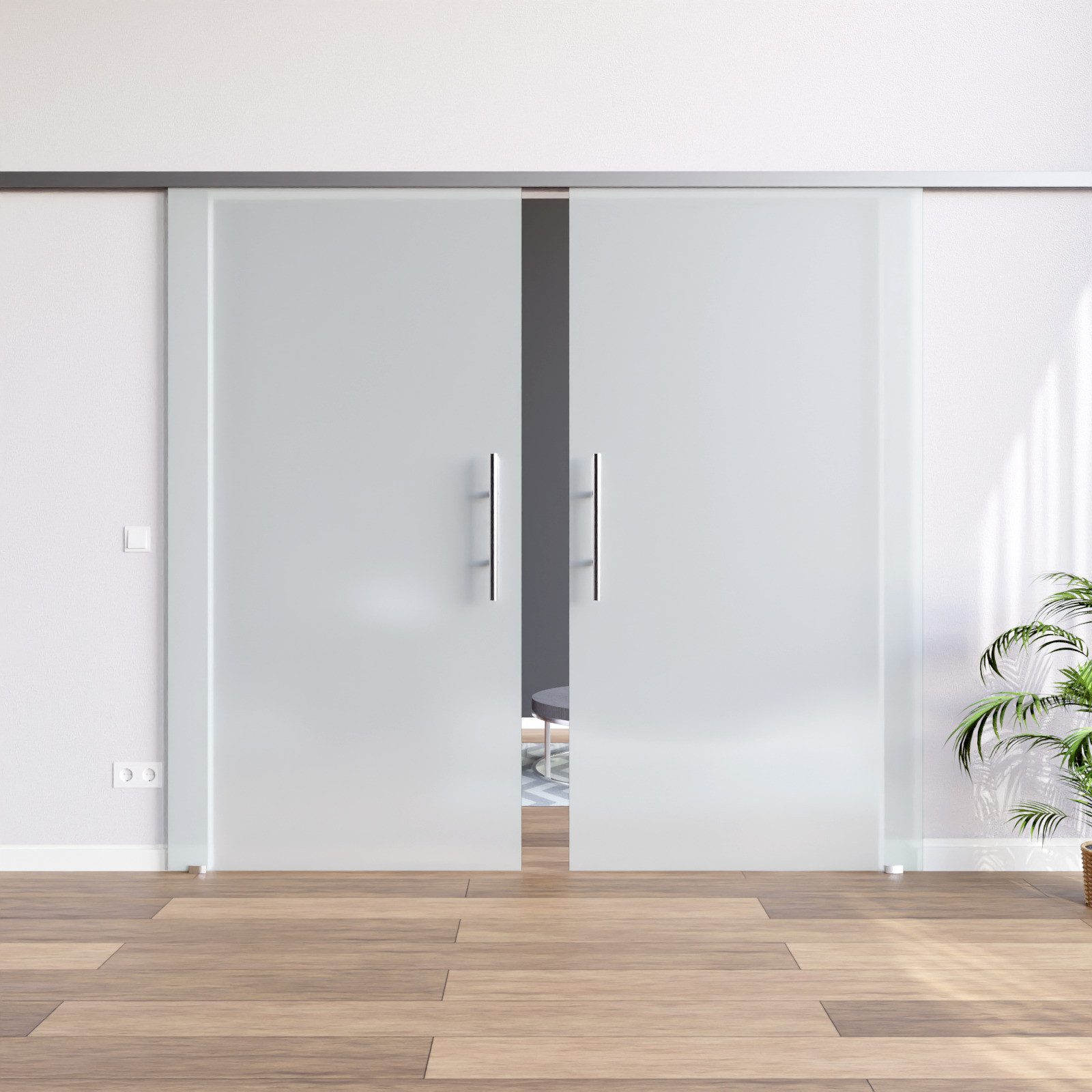 AMOD Glasschiebetür S-GE420+DPL, 2-flügelig mit Griffstangen (beidseitig) und SoftStop (beidseitig)