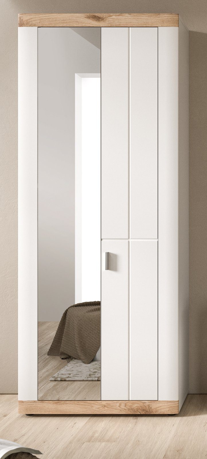 xonox.home Garderobenschrank Laredo (Schuhschrank in weiß Landhaus mit Eiche, 77 x 193 cm) variable Inneneinteilung, Soft-Close | Garderobenschränke