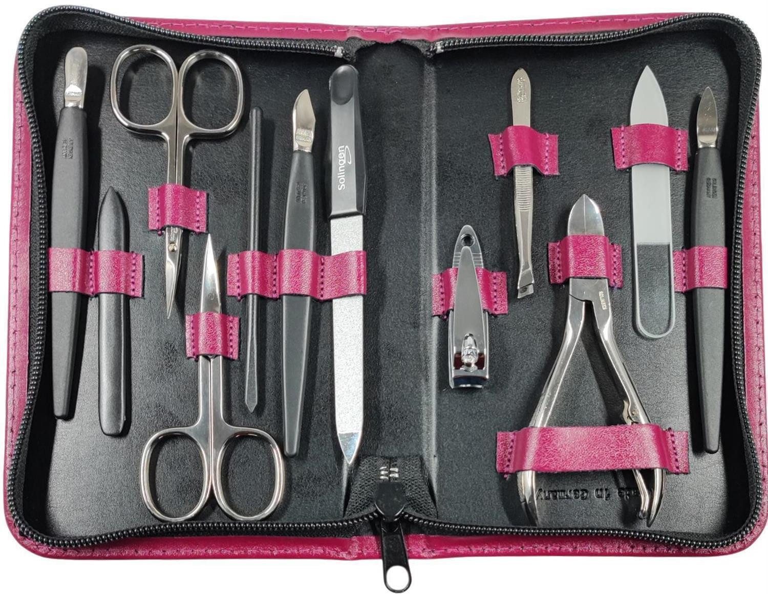 EloModa Maniküre-Kosmetik-Etui 12teiliges Solingen* Maniküre Set mit Leder-Etui Nagelpflege, Made in, 12 tlg., Made in Germany, Solinger Qualität, Echtleder-Etui, Gehärteter Stahl