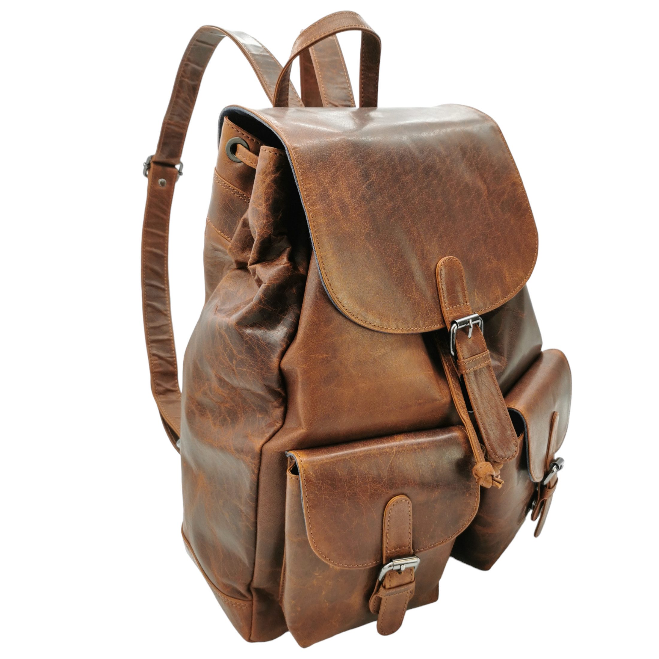 Ella Eisvogel Reiserucksack XXL Rucksack mit Überschlag, Büffel Pull-Up Vintage Leder, geölt & gewachst